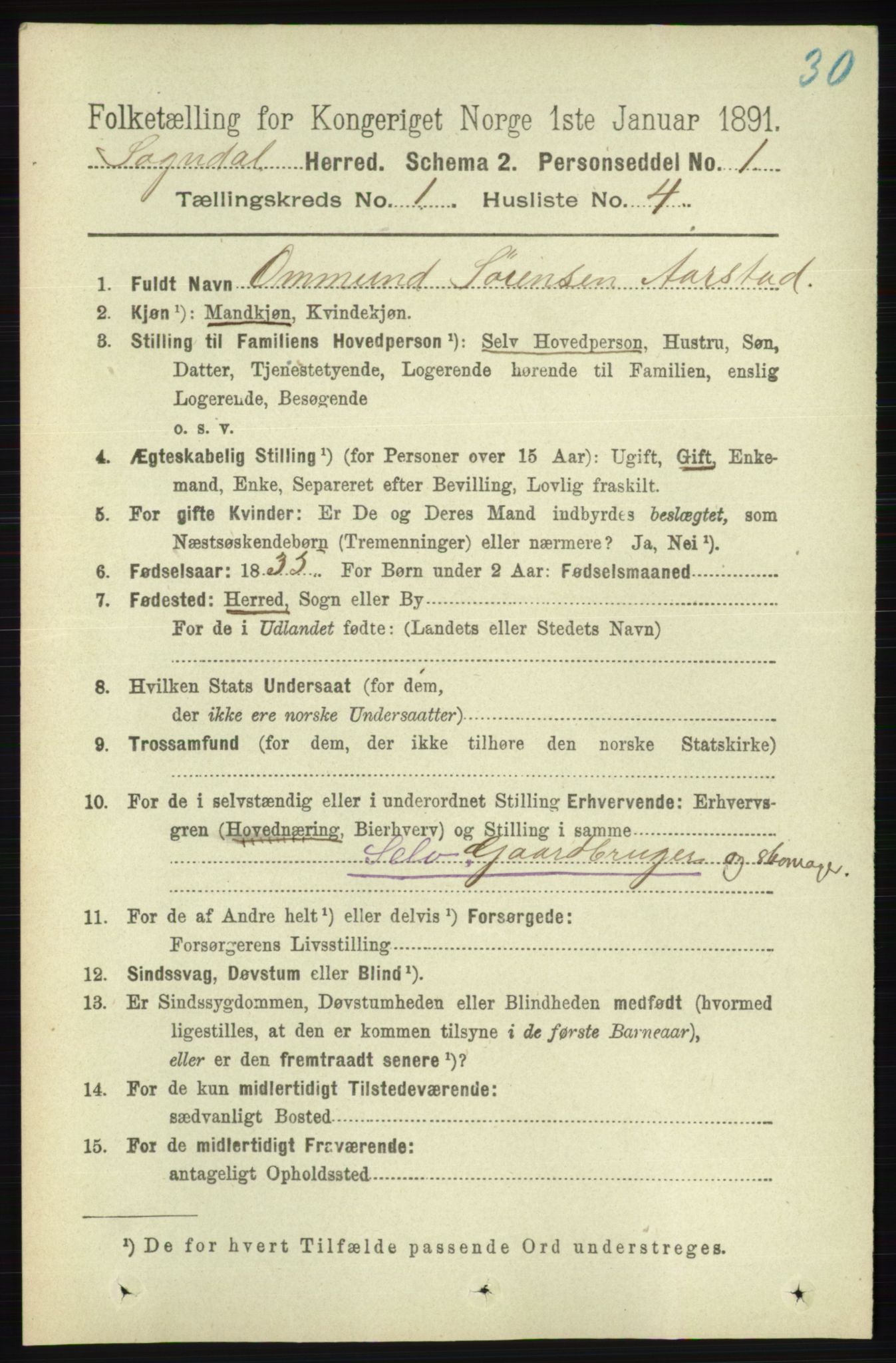 RA, 1891 census for 1111 Sokndal, 1891, p. 105