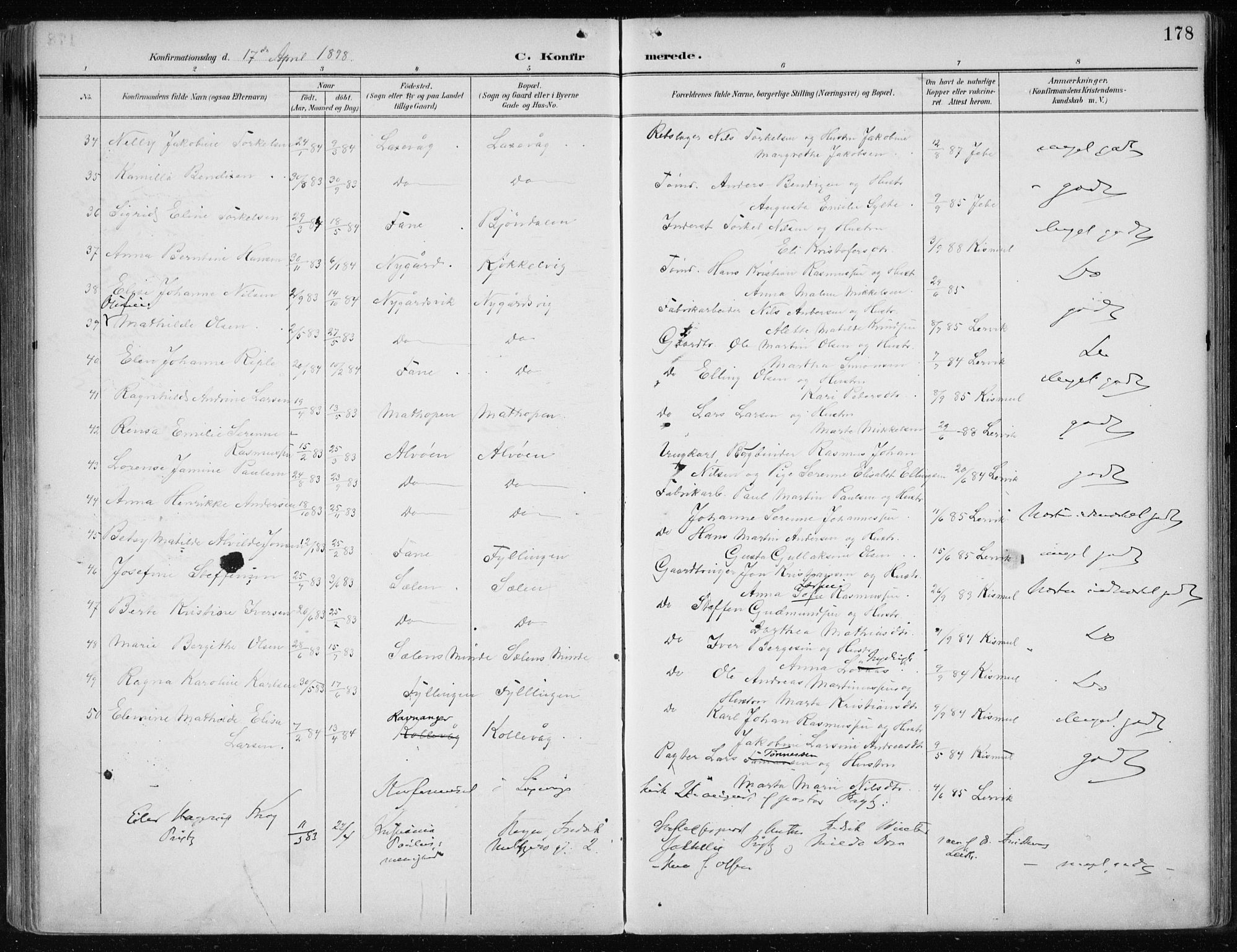 Askøy Sokneprestembete, AV/SAB-A-74101/H/Ha/Haa/Haae/L0003: Parish register (official) no. E 3, 1891-1903, p. 178