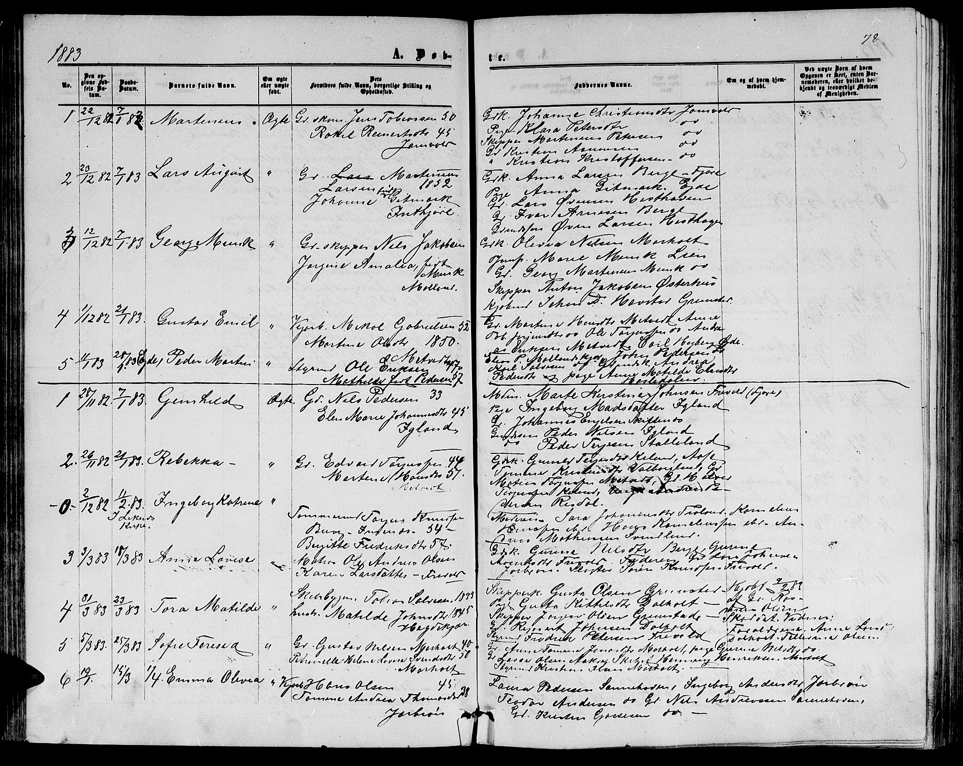 Hommedal sokneprestkontor, SAK/1111-0023/F/Fb/Fbb/L0006: Parish register (copy) no. B 6, 1869-1884, p. 78