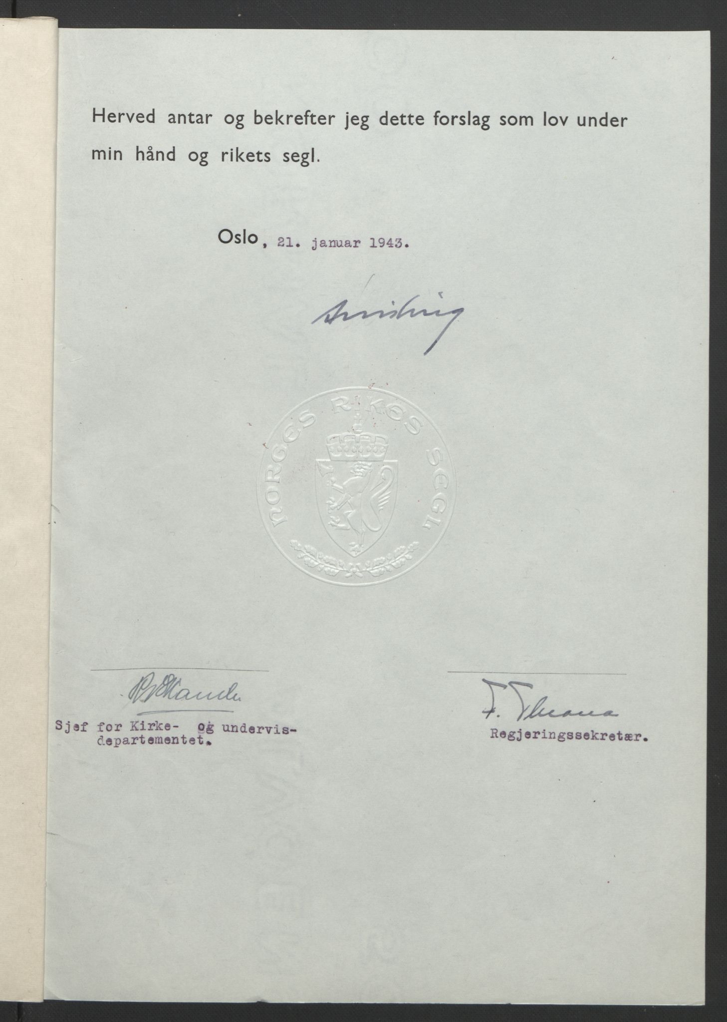 NS-administrasjonen 1940-1945 (Statsrådsekretariatet, de kommisariske statsråder mm), RA/S-4279/D/Db/L0099: Lover, 1943, p. 71