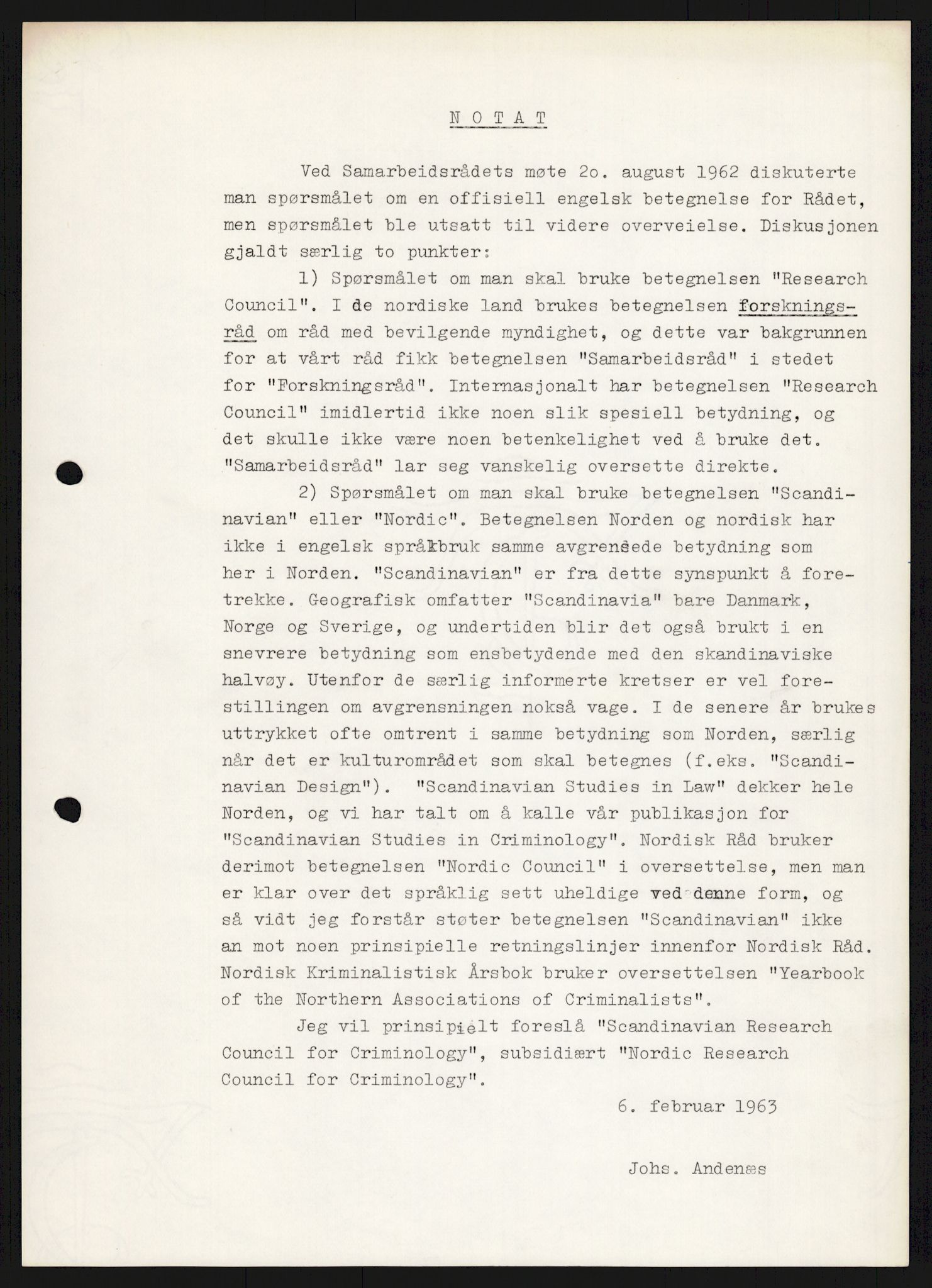 Justisdepartementet, Nordisk samarbeidsråd for kriminologi, AV/RA-S-1164/D/Da/L0001: A Rådets virksomhet, 1961-1974, p. 267