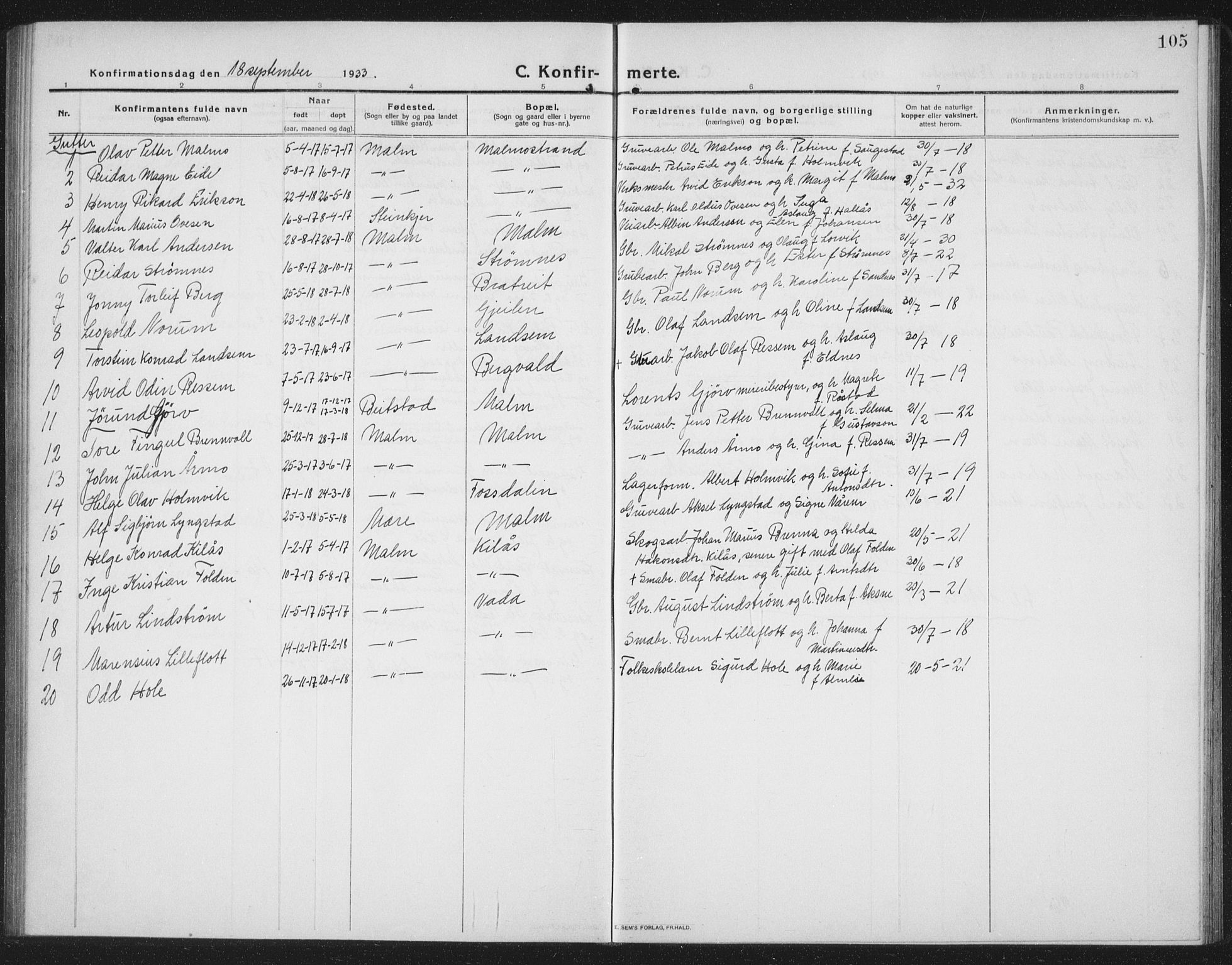 Ministerialprotokoller, klokkerbøker og fødselsregistre - Nord-Trøndelag, SAT/A-1458/745/L0434: Parish register (copy) no. 745C03, 1914-1937, p. 105