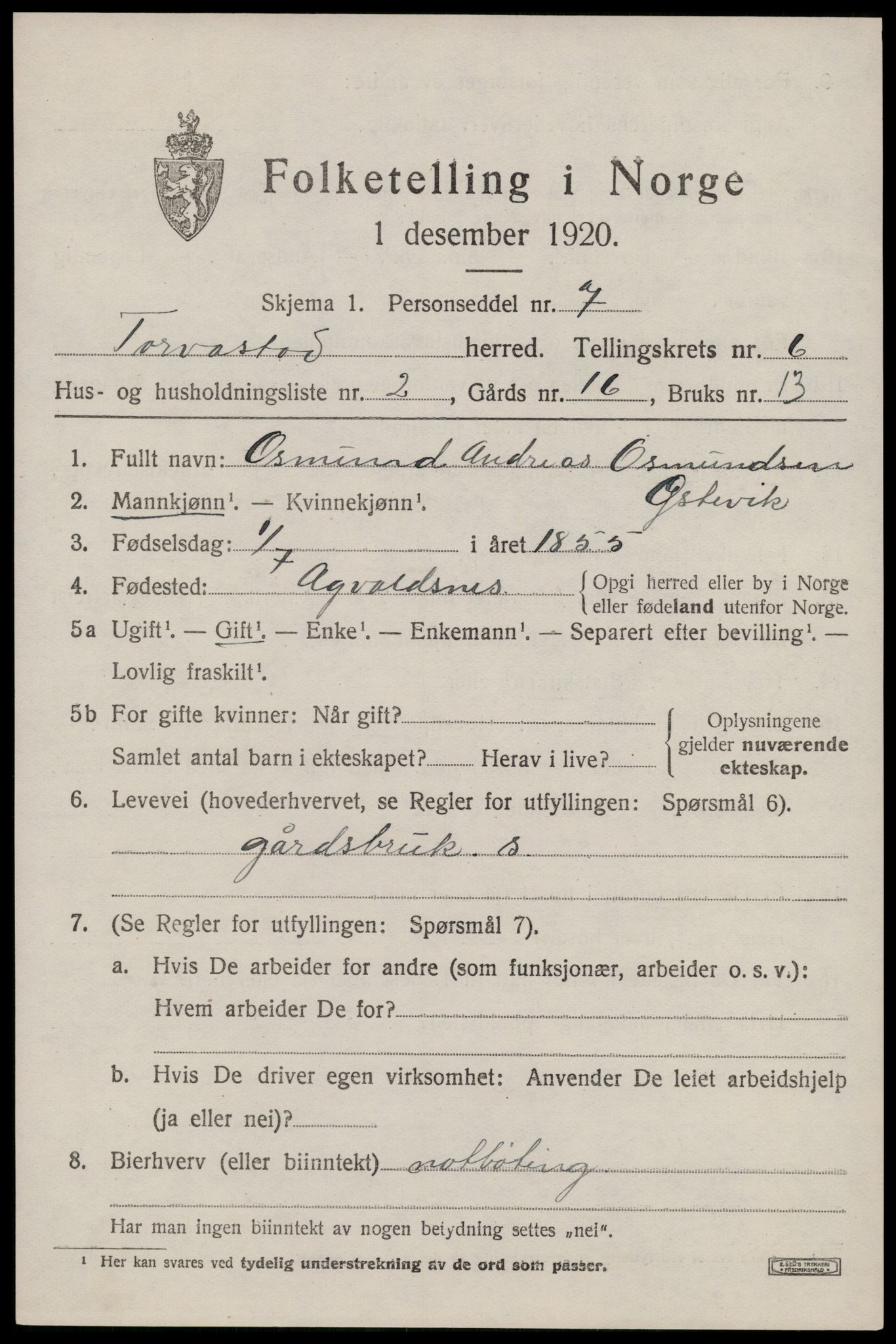 SAST, 1920 census for Torvastad, 1920, p. 4930