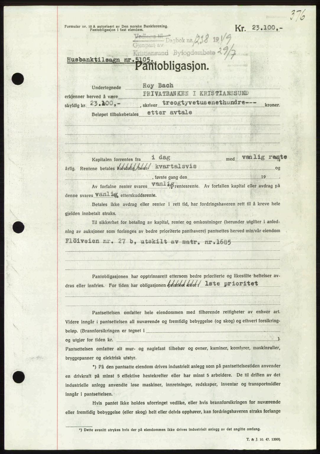 Kristiansund byfogd, AV/SAT-A-4587/A/27: Mortgage book no. 45, 1948-1949, Diary no: : 1238/1949