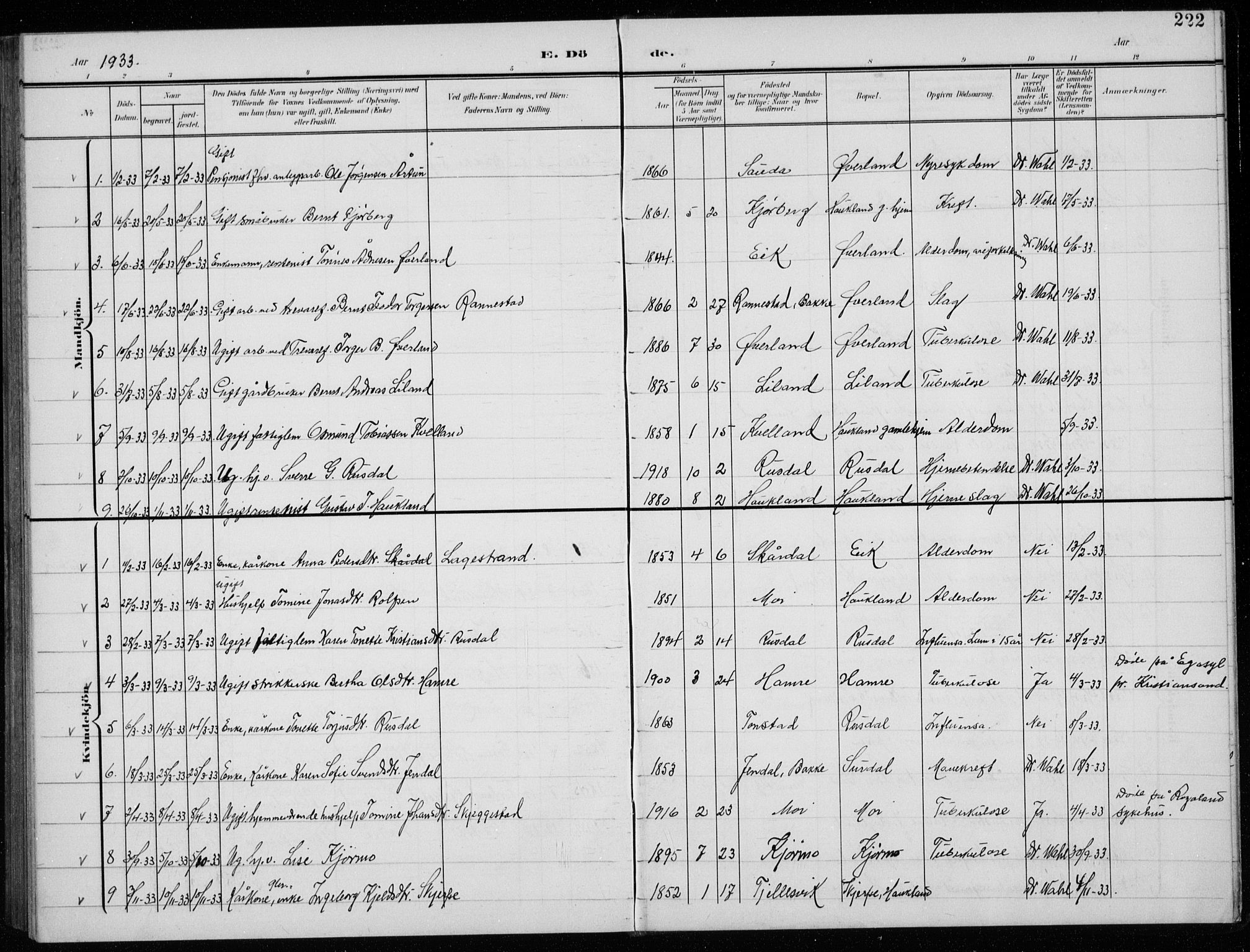 Lund sokneprestkontor, AV/SAST-A-101809/S07/L0008: Parish register (copy) no. B 8, 1902-1936, p. 222