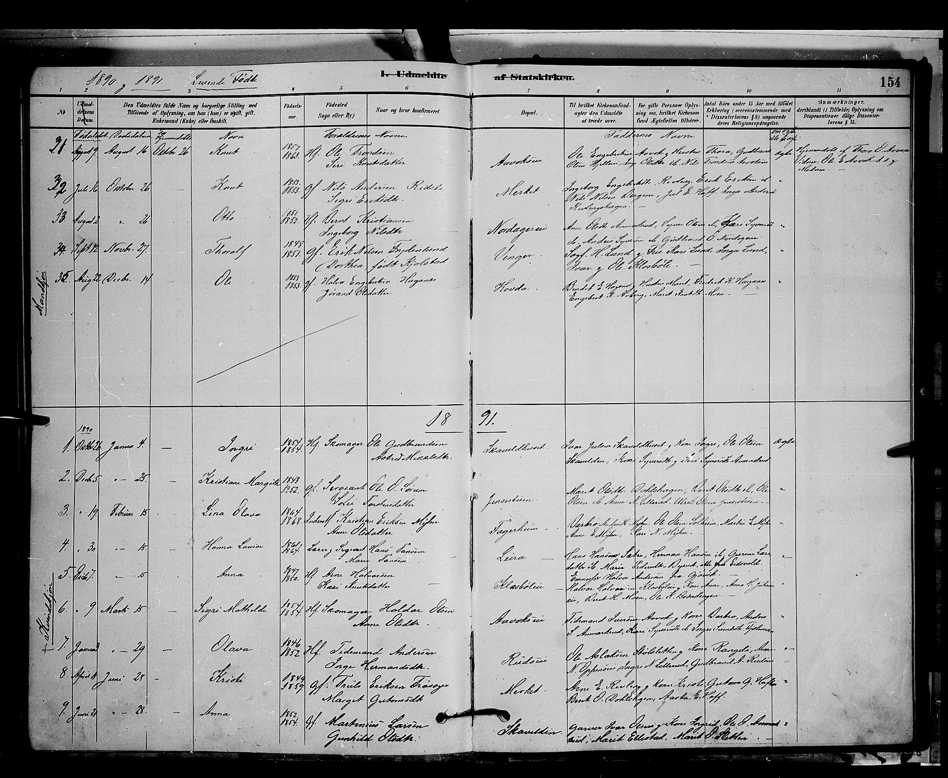 Nord-Aurdal prestekontor, SAH/PREST-132/H/Ha/Hab/L0006: Parish register (copy) no. 6, 1878-1892, p. 154