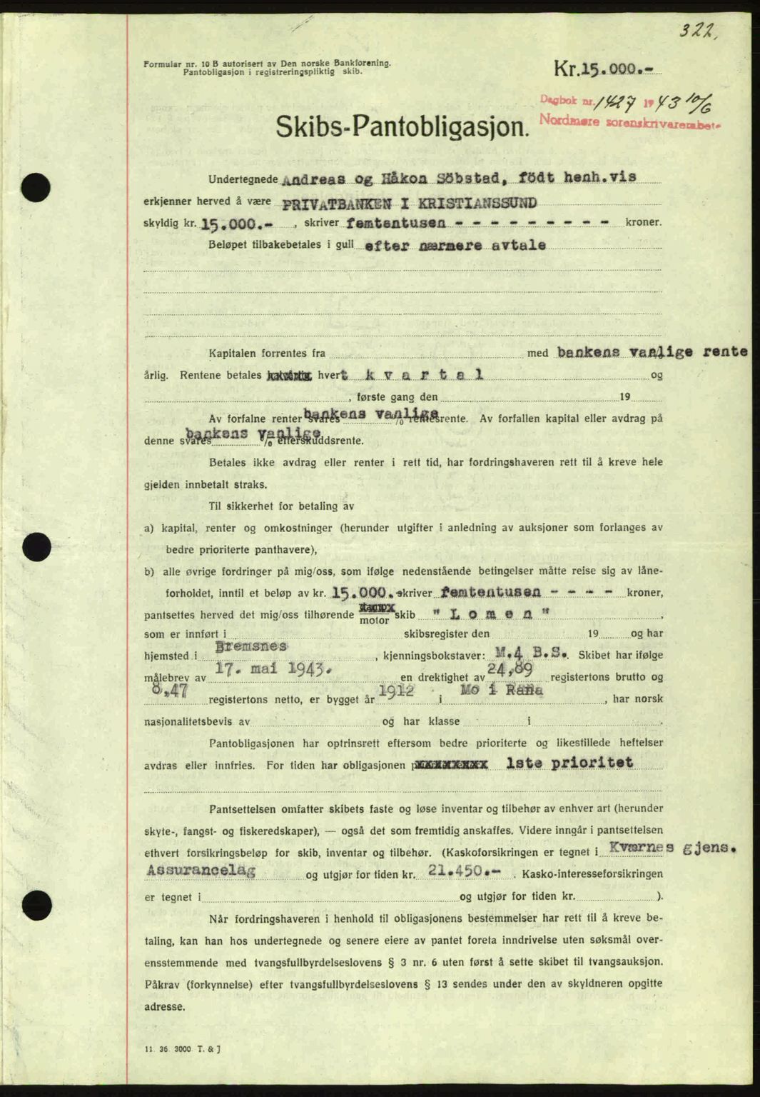 Nordmøre sorenskriveri, AV/SAT-A-4132/1/2/2Ca: Mortgage book no. B90, 1942-1943, Diary no: : 1427/1943