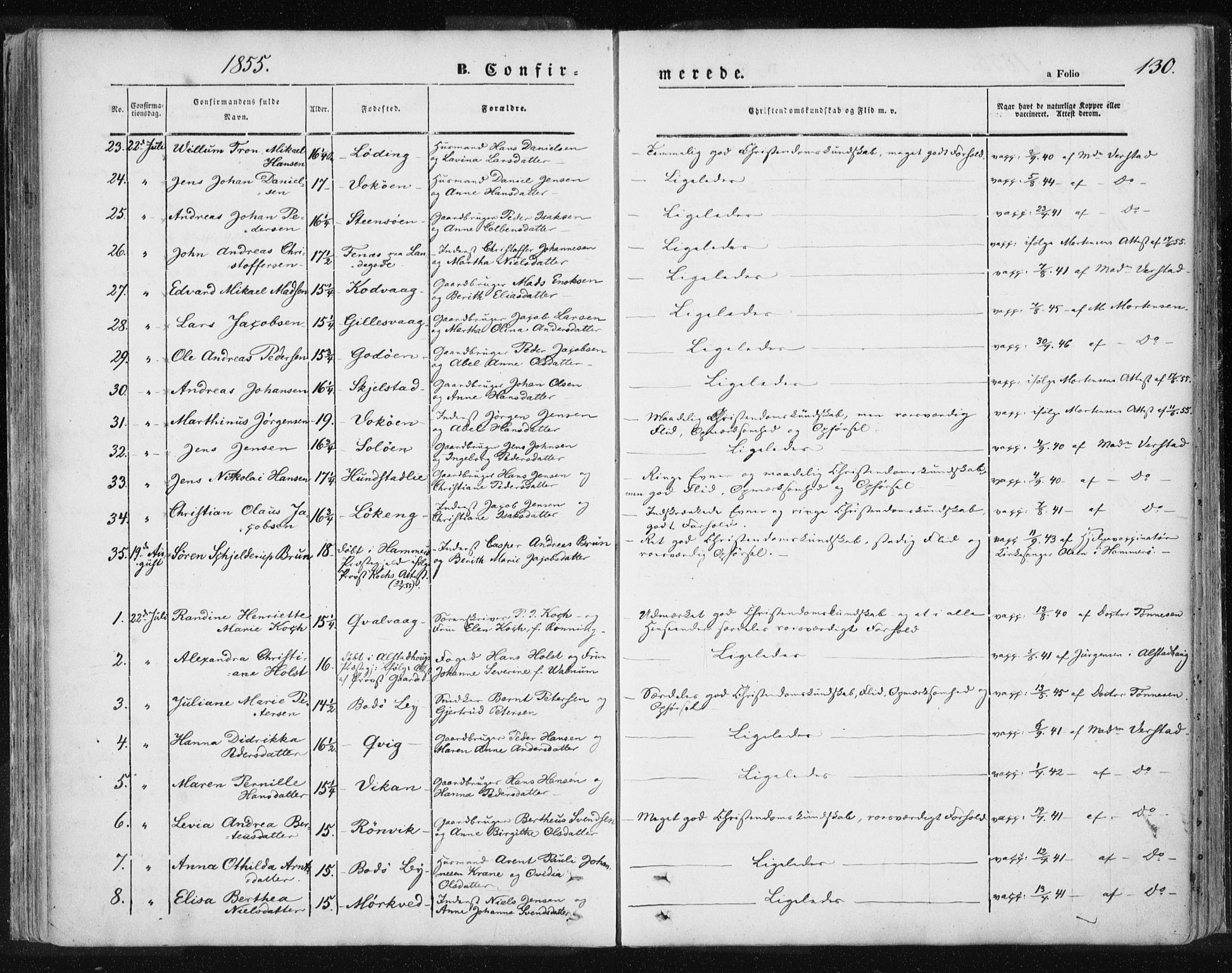 Ministerialprotokoller, klokkerbøker og fødselsregistre - Nordland, SAT/A-1459/801/L0007: Parish register (official) no. 801A07, 1845-1863, p. 130