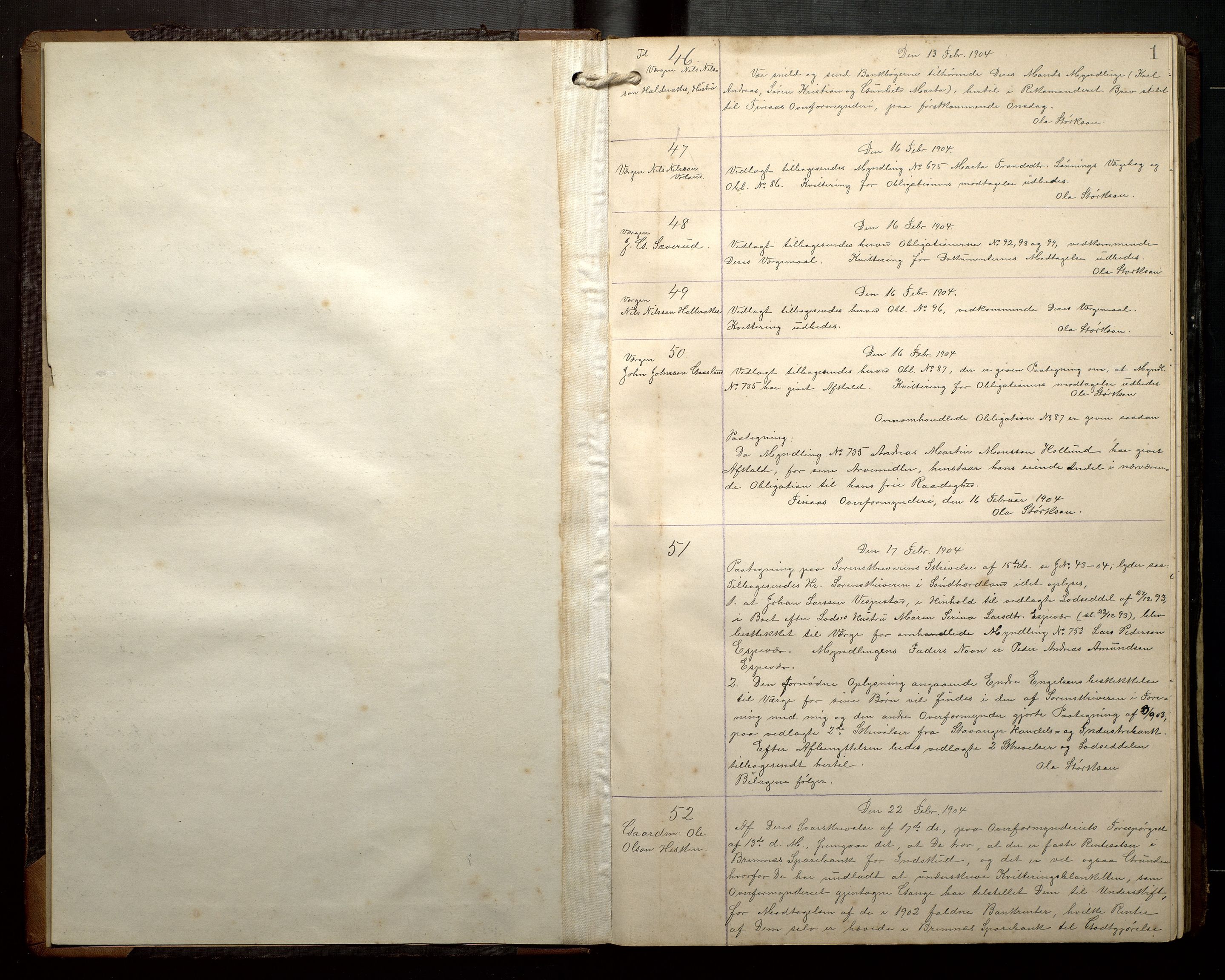 Finnaas kommune. Overformynderiet, IKAH/1218a-812/B/Ba/Baa/L0002: Kopibok for Finnås overformynderi, 1904-1920, p. 1