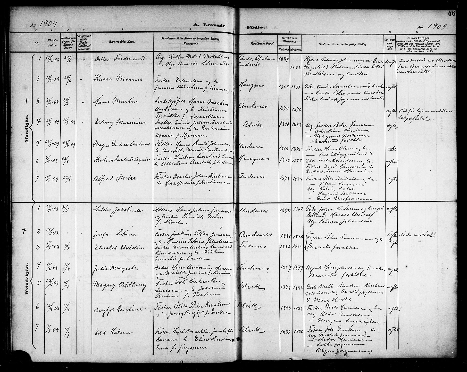Ministerialprotokoller, klokkerbøker og fødselsregistre - Nordland, SAT/A-1459/899/L1449: Parish register (copy) no. 899C04, 1900-1918, p. 46