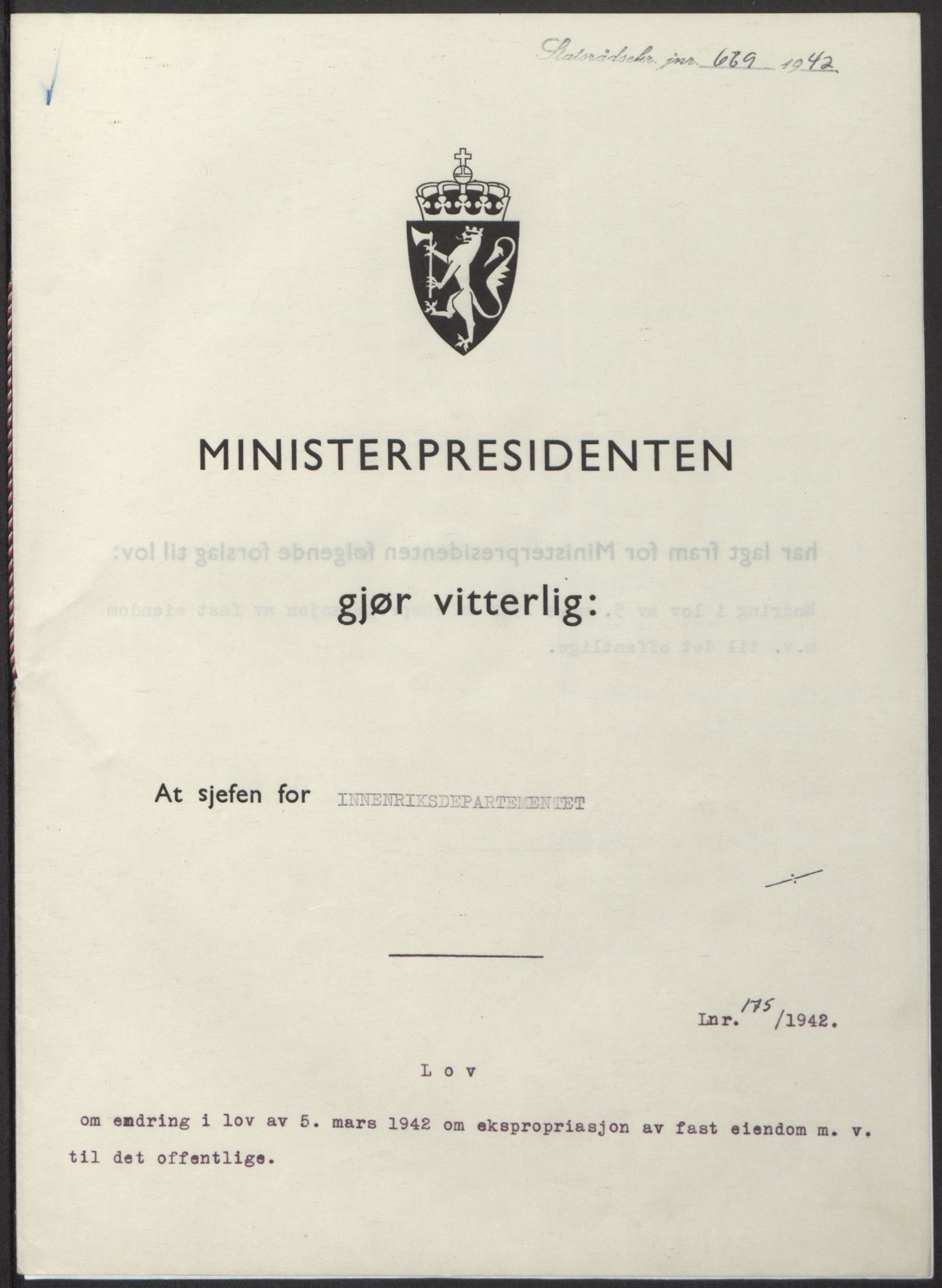 NS-administrasjonen 1940-1945 (Statsrådsekretariatet, de kommisariske statsråder mm), AV/RA-S-4279/D/Db/L0098: Lover II, 1942, p. 298