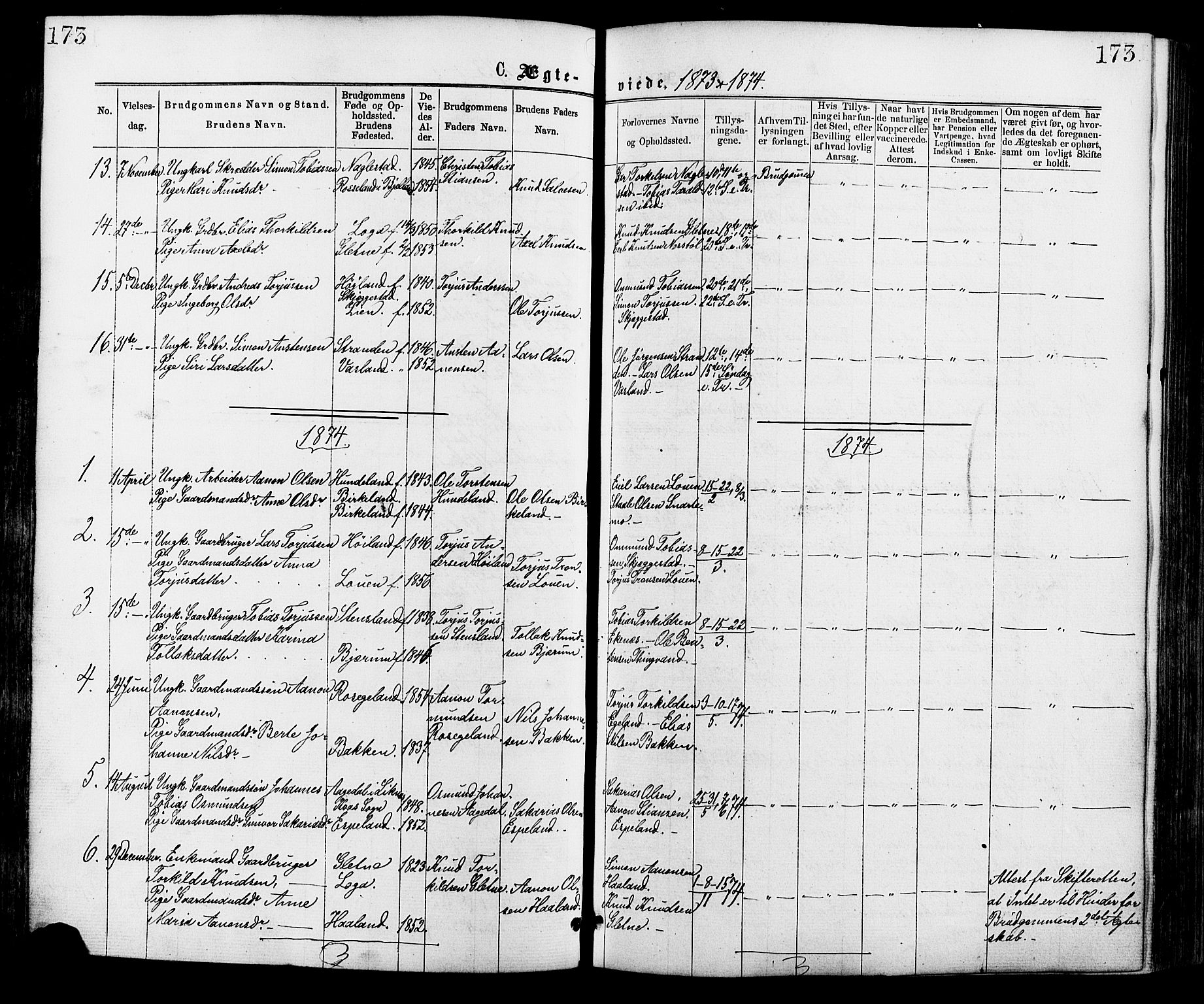 Hægebostad sokneprestkontor, AV/SAK-1111-0024/F/Fa/Faa/L0005: Parish register (official) no. A 5, 1864-1886, p. 173