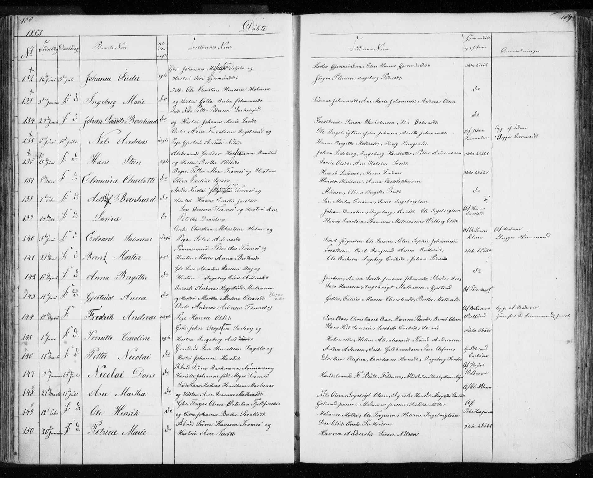 Tromsø sokneprestkontor/stiftsprosti/domprosti, SATØ/S-1343/G/Gb/L0005klokker: Parish register (copy) no. 5, 1846-1857, p. 188-189