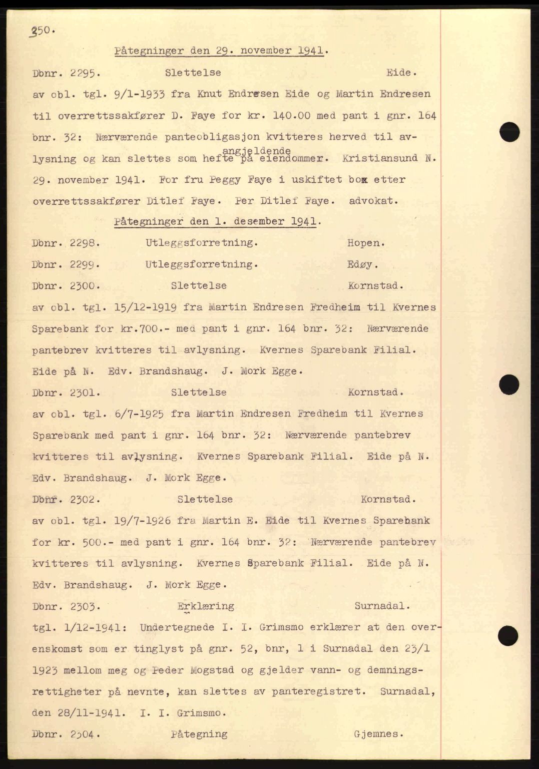 Nordmøre sorenskriveri, AV/SAT-A-4132/1/2/2Ca: Mortgage book no. C81, 1940-1945, Diary no: : 2295/1941