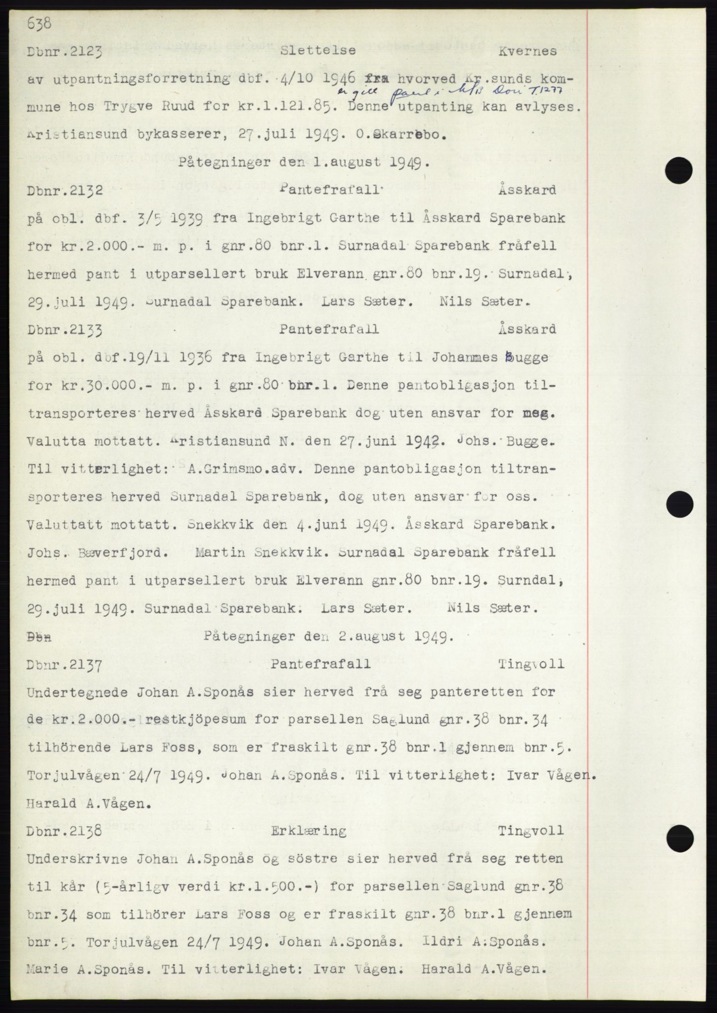 Nordmøre sorenskriveri, SAT/A-4132/1/2/2Ca: Mortgage book no. C82b, 1946-1951, Diary no: : 2123/1949