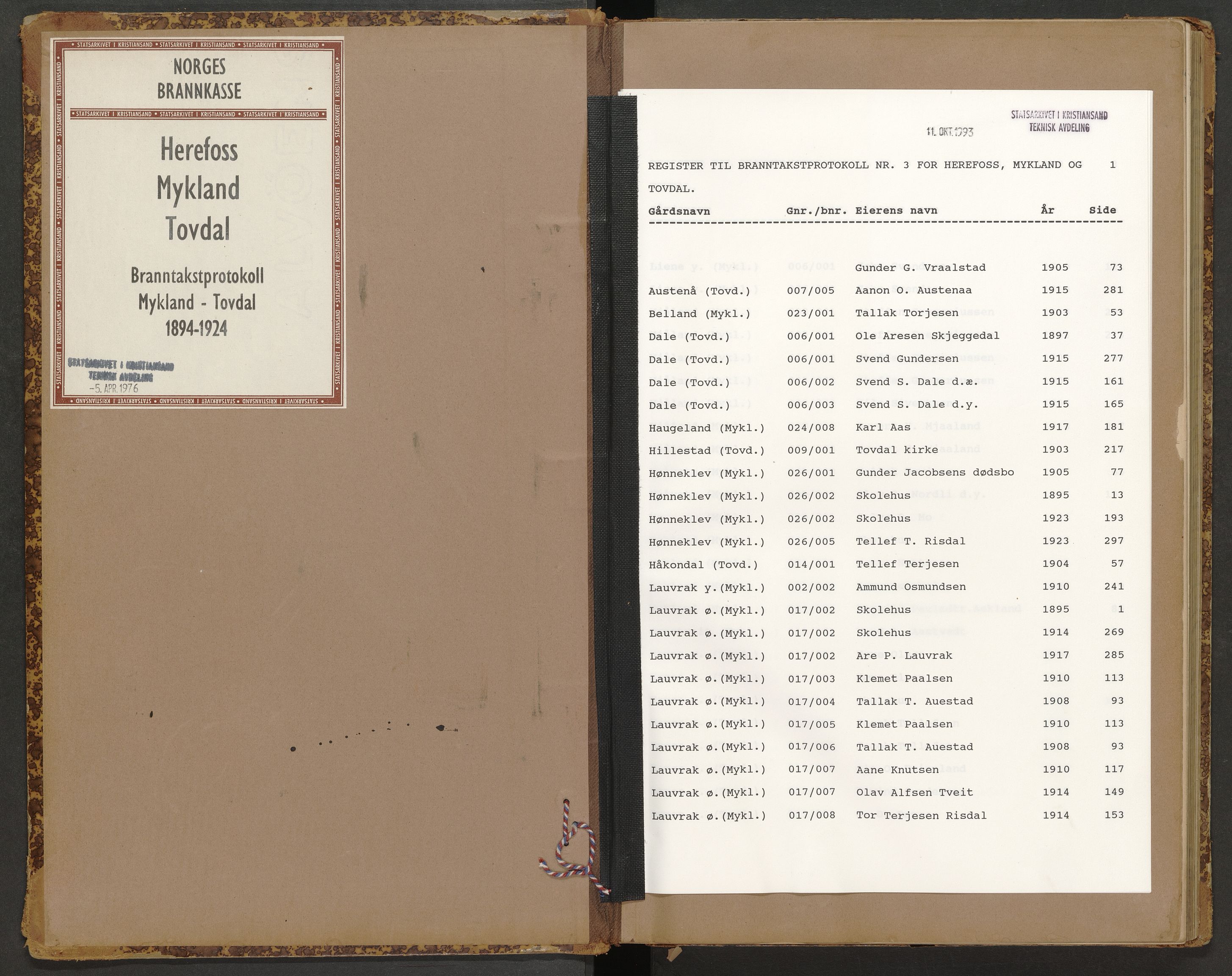 Norges Brannkasse Herefoss, AV/SAK-2241-0022/F/Fa/L0003: Branntakstprotokoll nr. 3 med gårdsnavnregister, 1894-1923