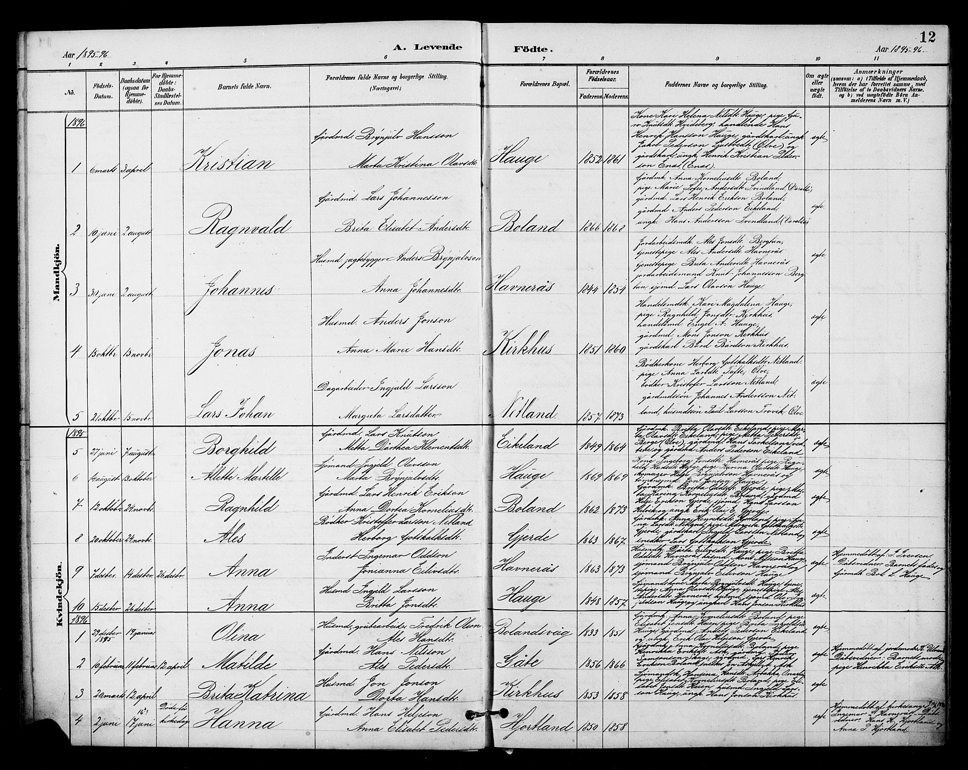 Kvinnherad sokneprestembete, SAB/A-76401/H/Hab: Parish register (copy) no. B 1, 1885-1925, p. 12