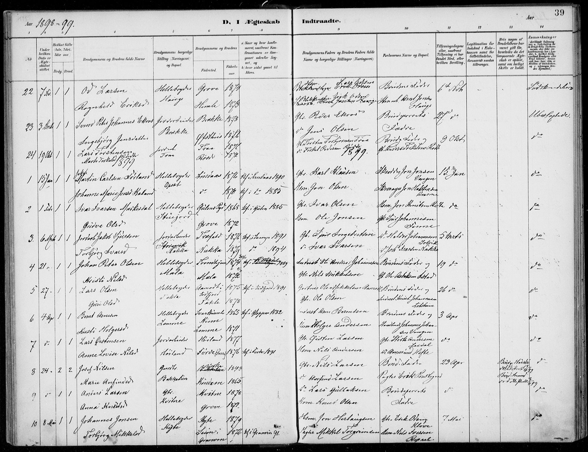 Voss sokneprestembete, SAB/A-79001/H/Haa: Parish register (official) no. C  1, 1887-1915, p. 39