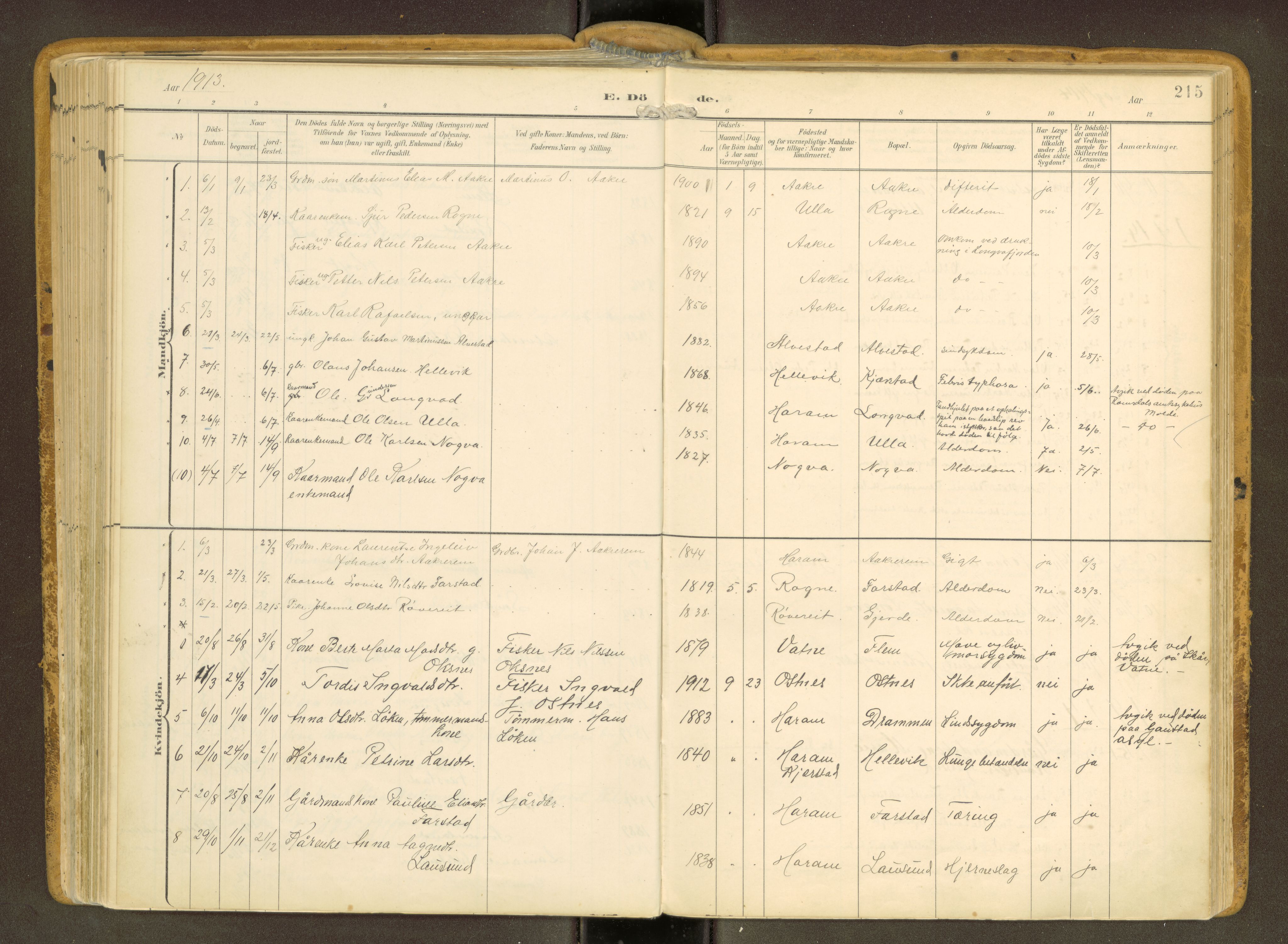 Ministerialprotokoller, klokkerbøker og fødselsregistre - Møre og Romsdal, SAT/A-1454/536/L0517: Parish register (official) no. 536A--, 1897-1917, p. 215