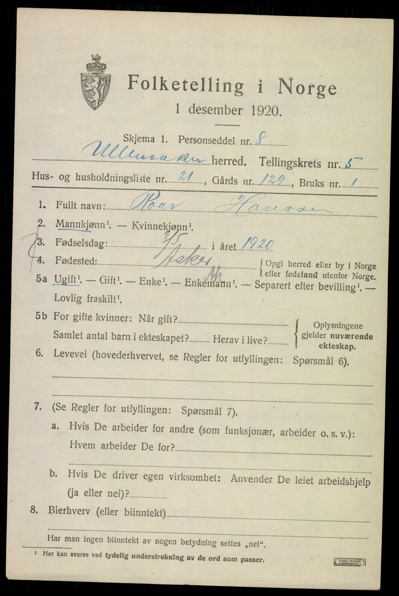 SAO, 1920 census for Ullensaker, 1920, p. 9303