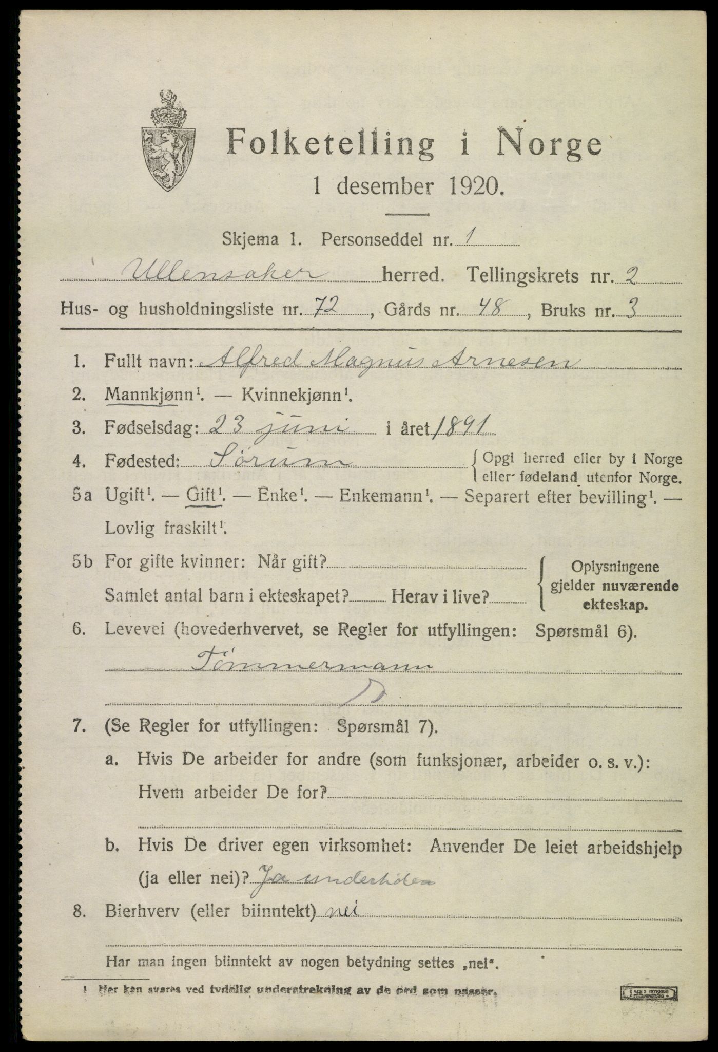 SAO, 1920 census for Ullensaker, 1920, p. 5531