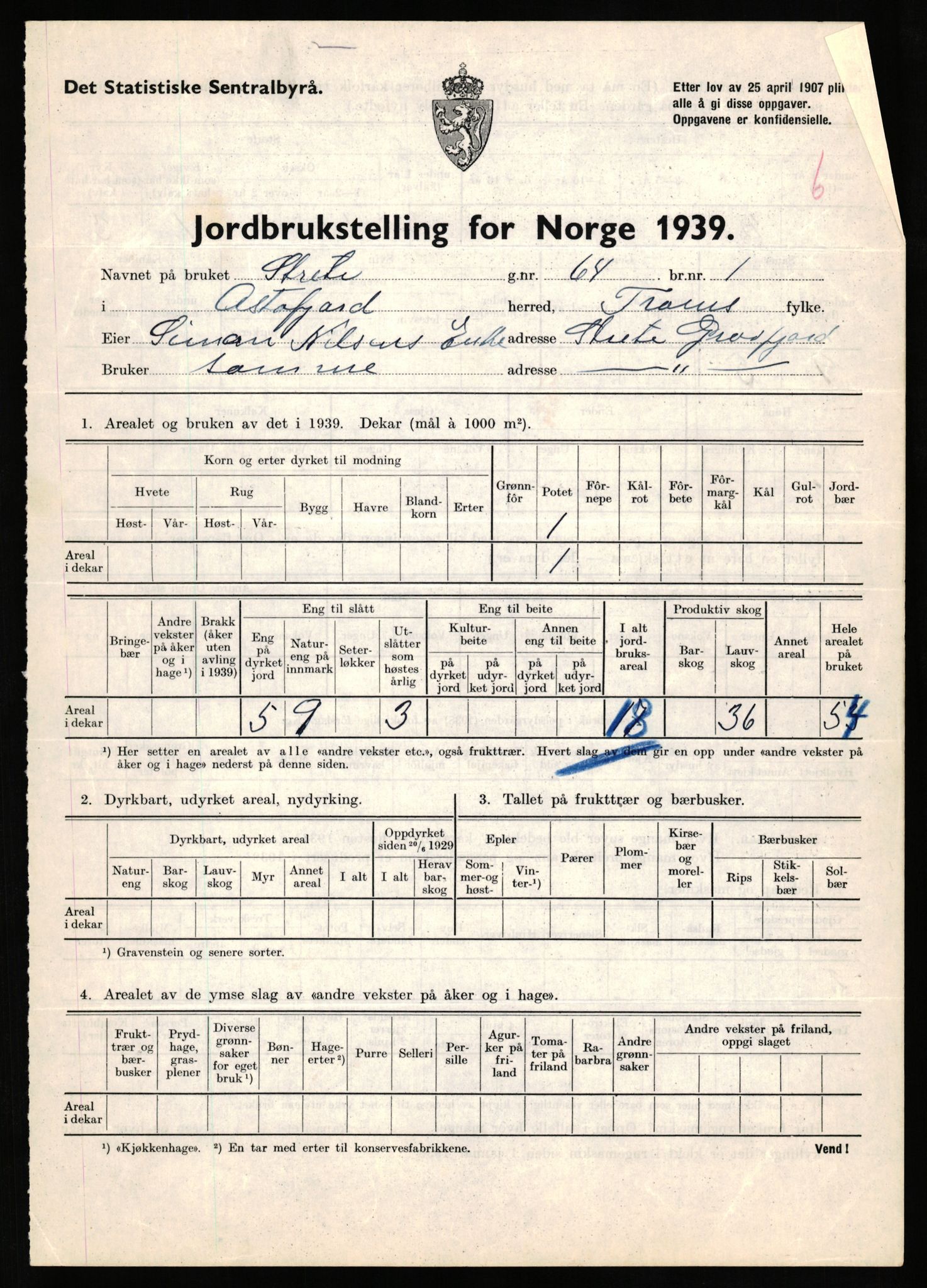 Statistisk sentralbyrå, Næringsøkonomiske emner, Jordbruk, skogbruk, jakt, fiske og fangst, AV/RA-S-2234/G/Gb/L0339: Troms: Andørja, Astafjord og Lavangen, 1939, p. 80