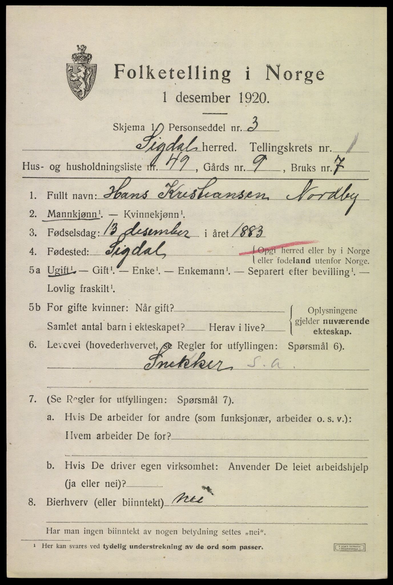SAKO, 1920 census for Sigdal, 1920, p. 2002