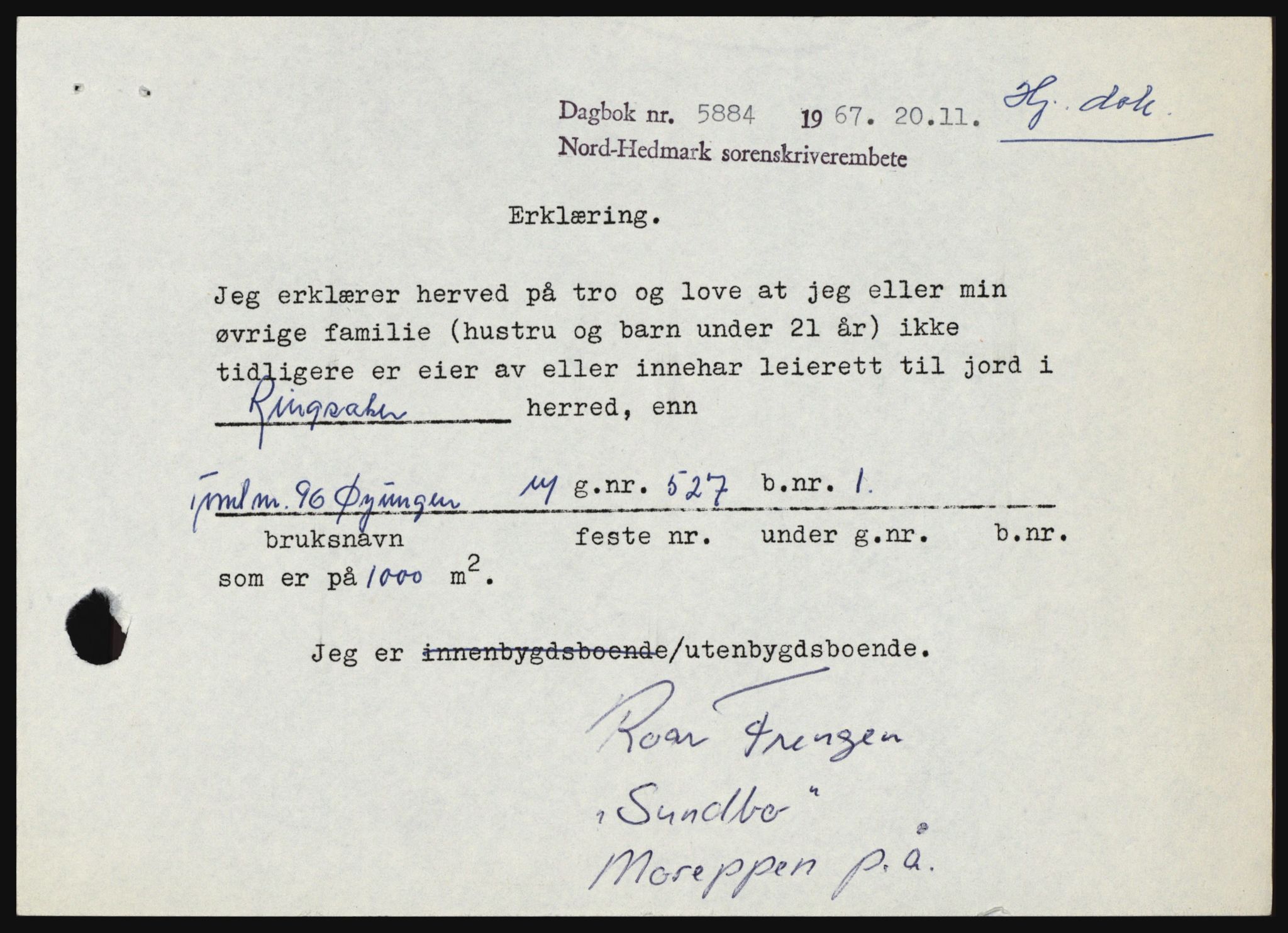 Nord-Hedmark sorenskriveri, SAH/TING-012/H/Hc/L0027: Mortgage book no. 27, 1967-1968, Diary no: : 5884/1967