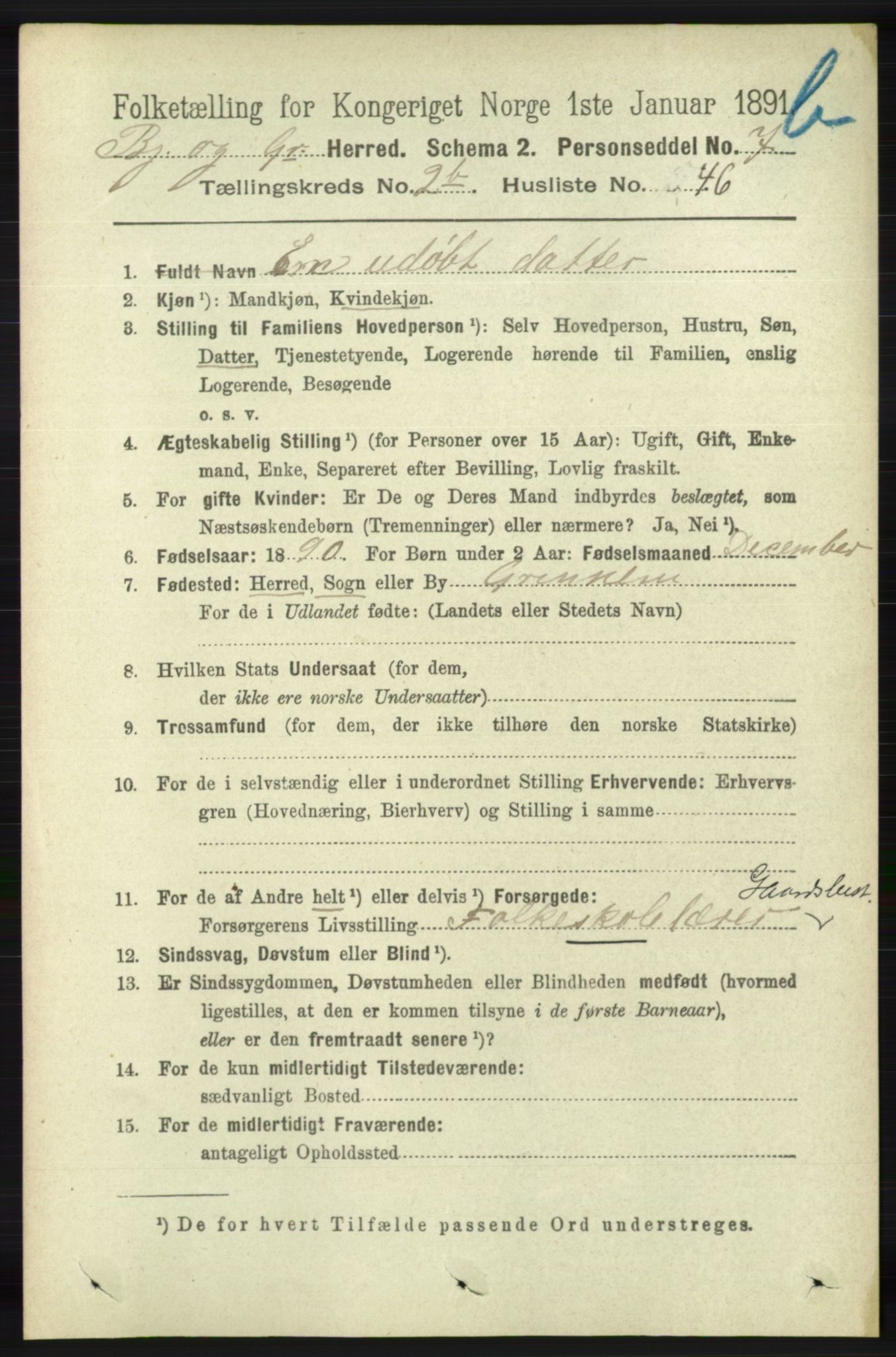RA, 1891 census for 1024 Bjelland og Grindheim, 1891, p. 588