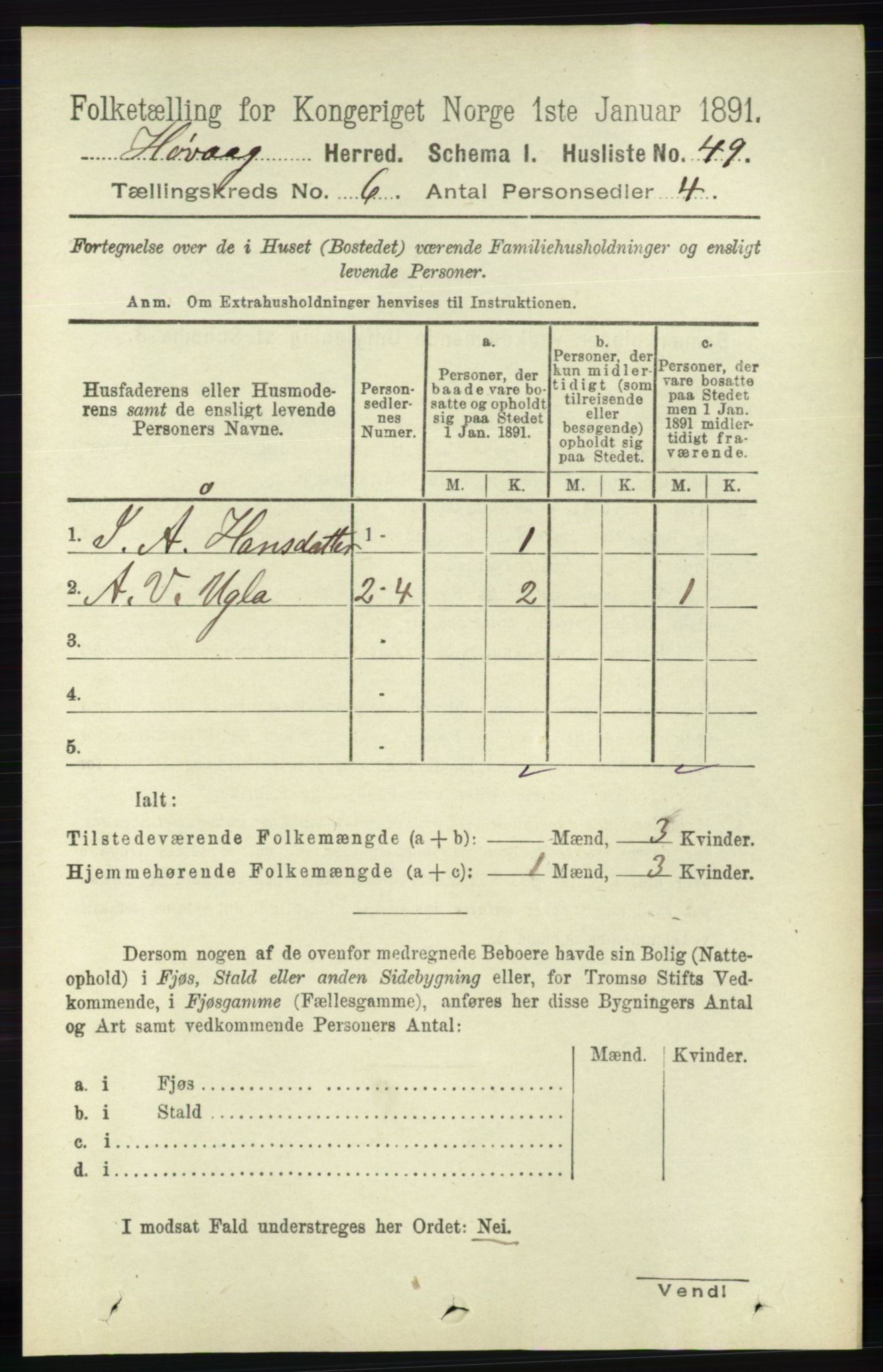 RA, 1891 census for 0927 Høvåg, 1891, p. 2207