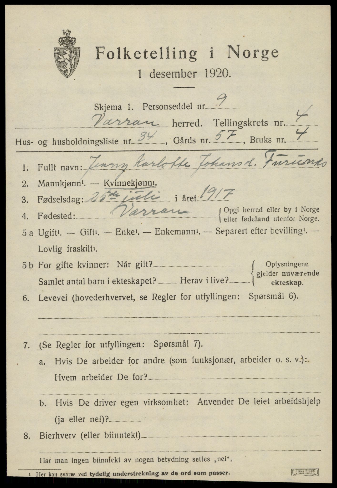 SAT, 1920 census for Verran, 1920, p. 1878