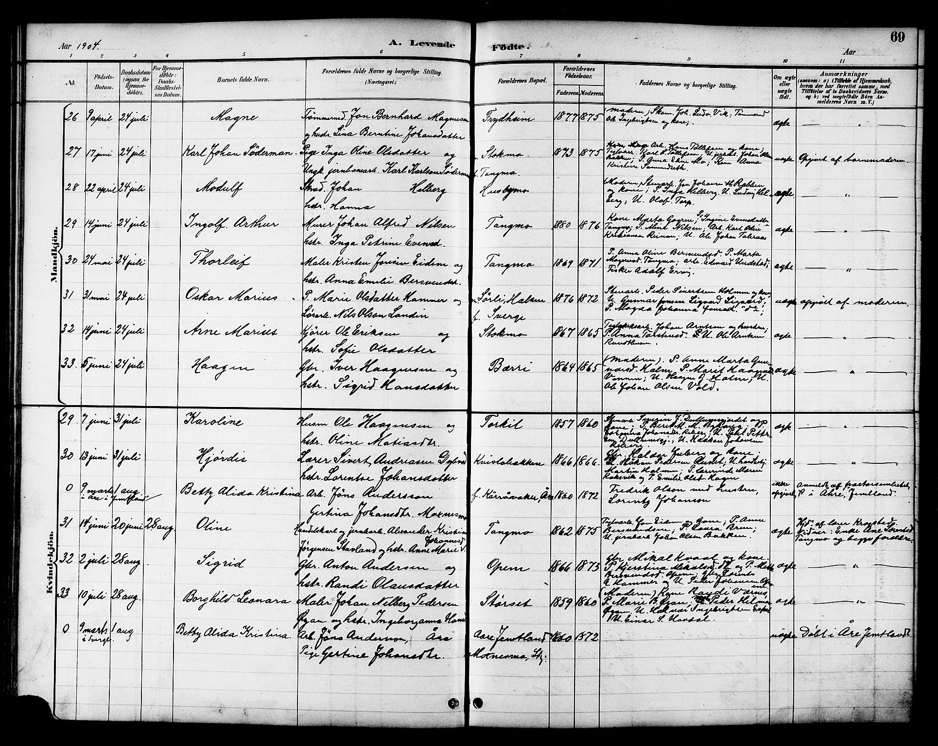 Ministerialprotokoller, klokkerbøker og fødselsregistre - Nord-Trøndelag, AV/SAT-A-1458/709/L0087: Parish register (copy) no. 709C01, 1892-1913, p. 69