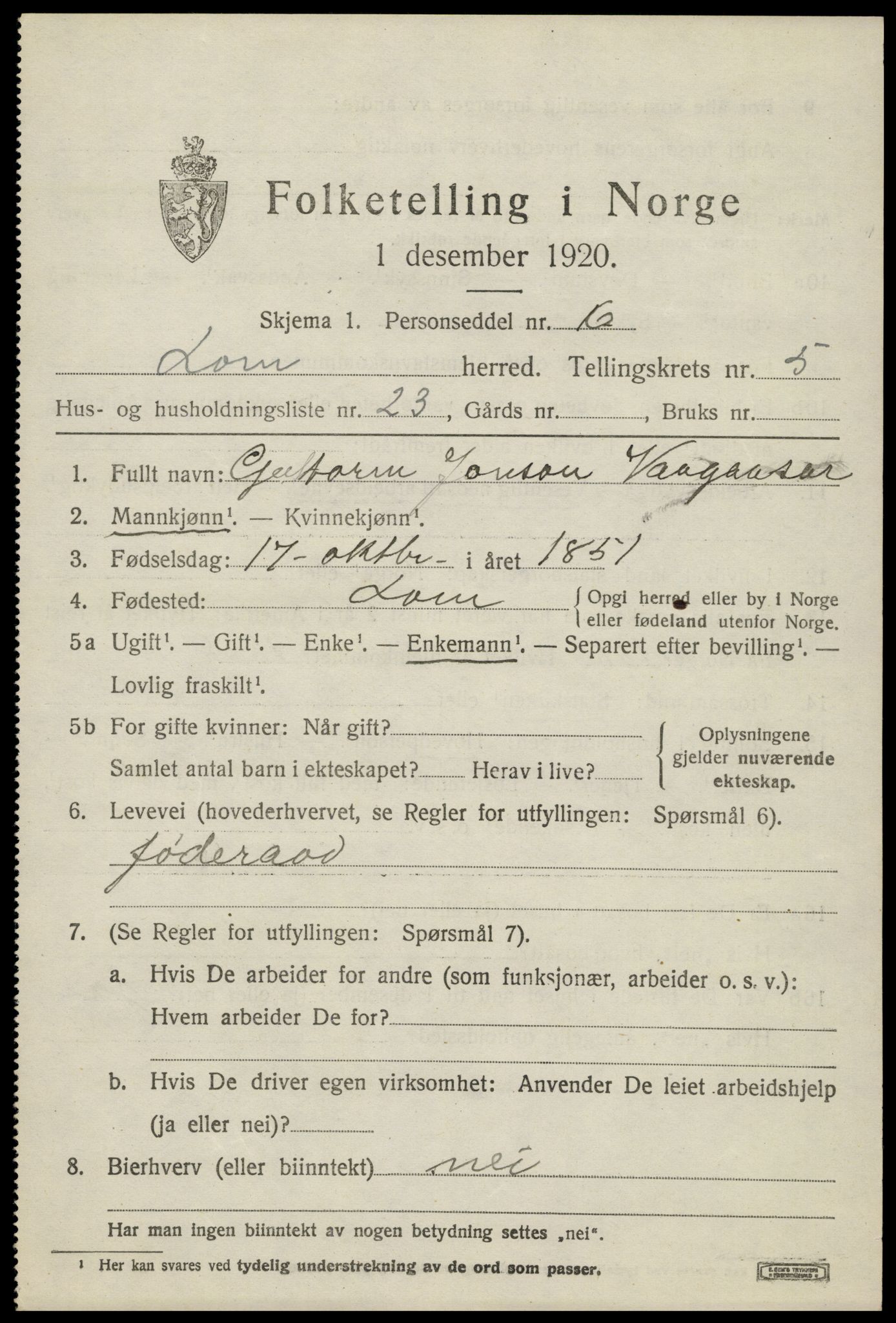 SAH, 1920 census for Lom, 1920, p. 3402