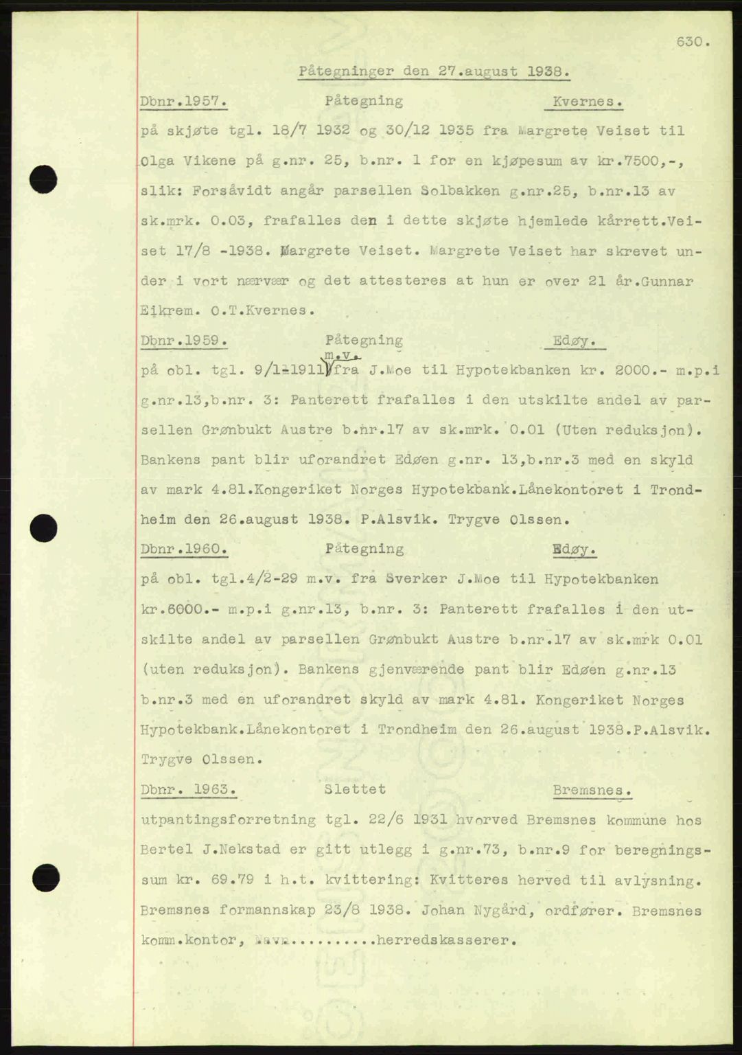 Nordmøre sorenskriveri, AV/SAT-A-4132/1/2/2Ca: Mortgage book no. C80, 1936-1939, Diary no: : 1957/1938