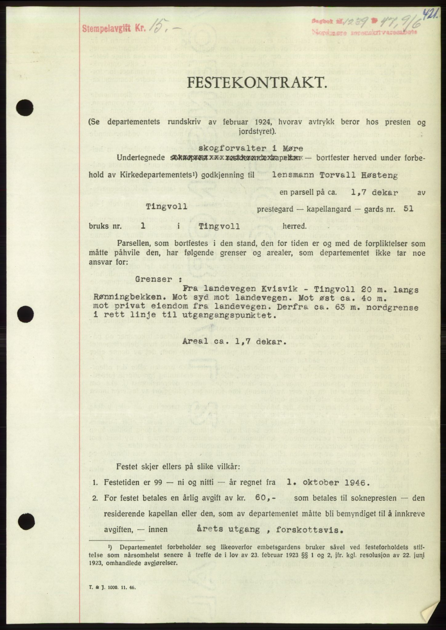 Nordmøre sorenskriveri, AV/SAT-A-4132/1/2/2Ca: Mortgage book no. B96, 1947-1947, Diary no: : 1239/1947