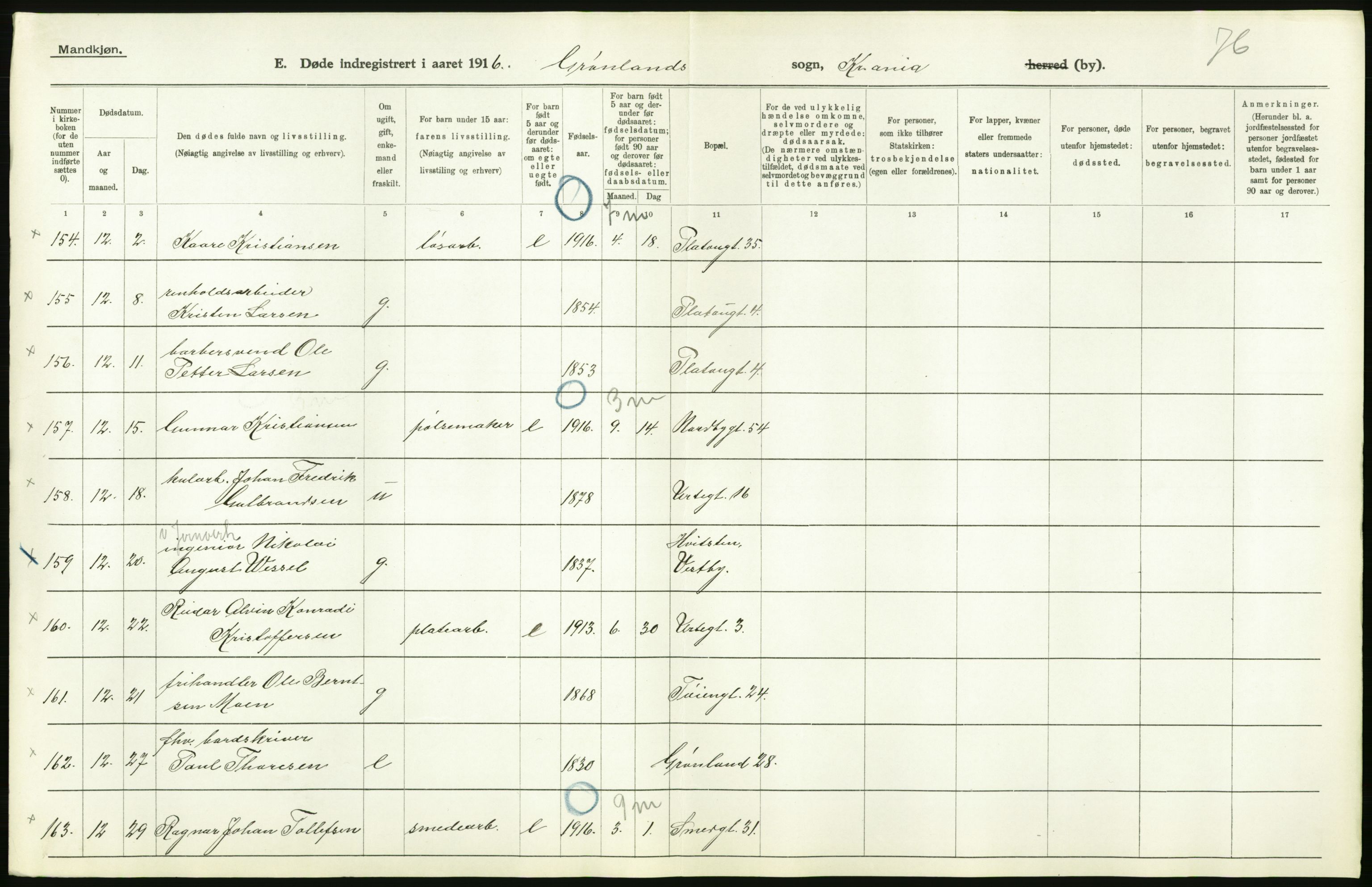 Statistisk sentralbyrå, Sosiodemografiske emner, Befolkning, AV/RA-S-2228/D/Df/Dfb/Dfbf/L0009: Kristiania: Døde., 1916, p. 298