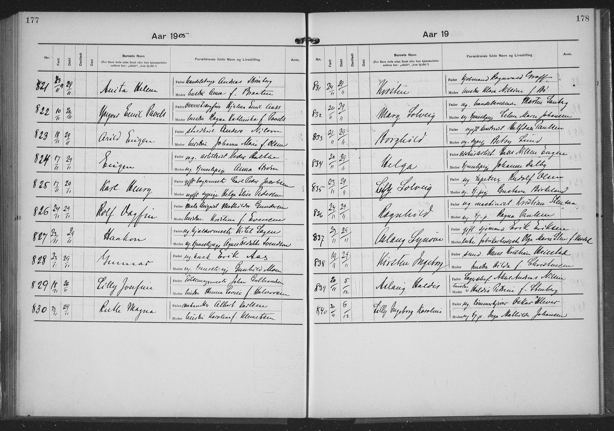 Rikshospitalet prestekontor Kirkebøker, SAO/A-10309b/K/L0006/0001: Baptism register no. 6.1, 1904-1906, p. 177-178