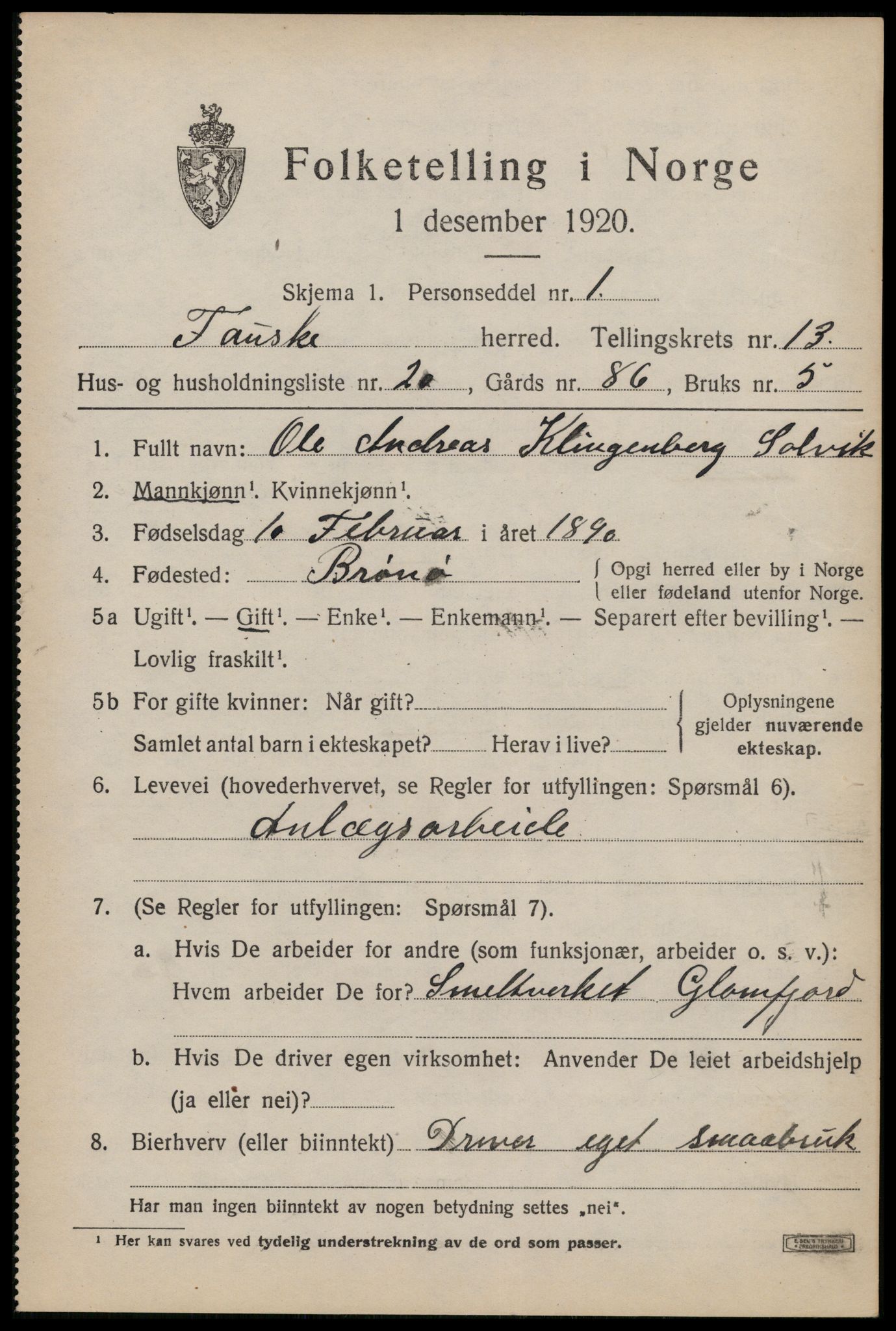 SAT, 1920 census for Fauske, 1920, p. 8660
