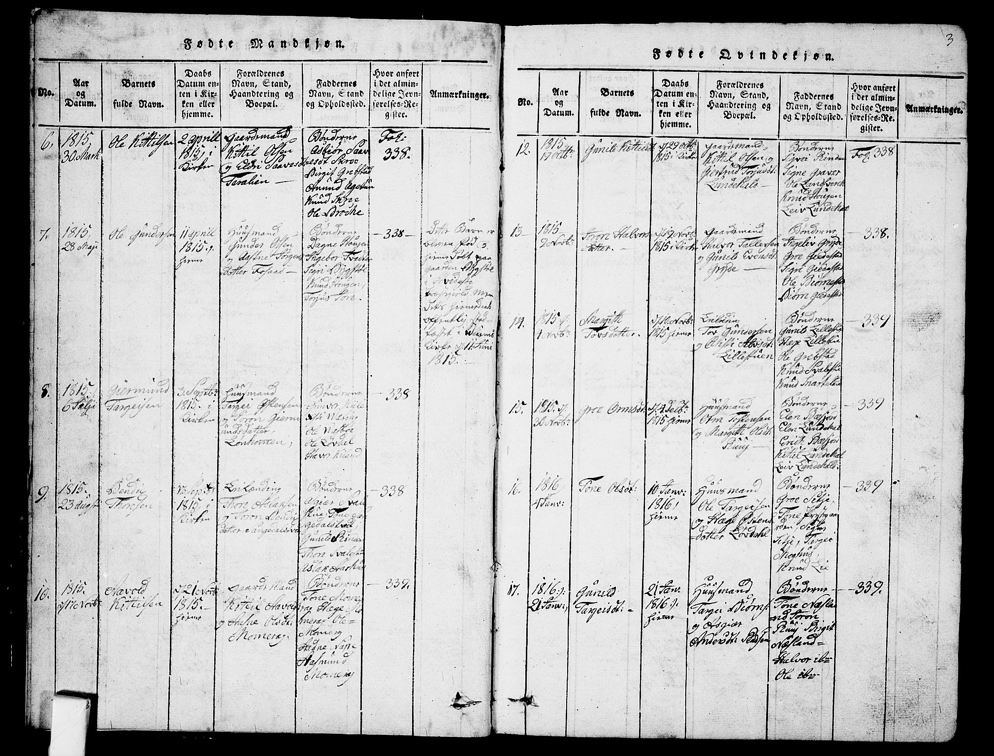 Fyresdal kirkebøker, SAKO/A-263/G/Ga/L0001: Parish register (copy) no. I 1, 1816-1840, p. 3