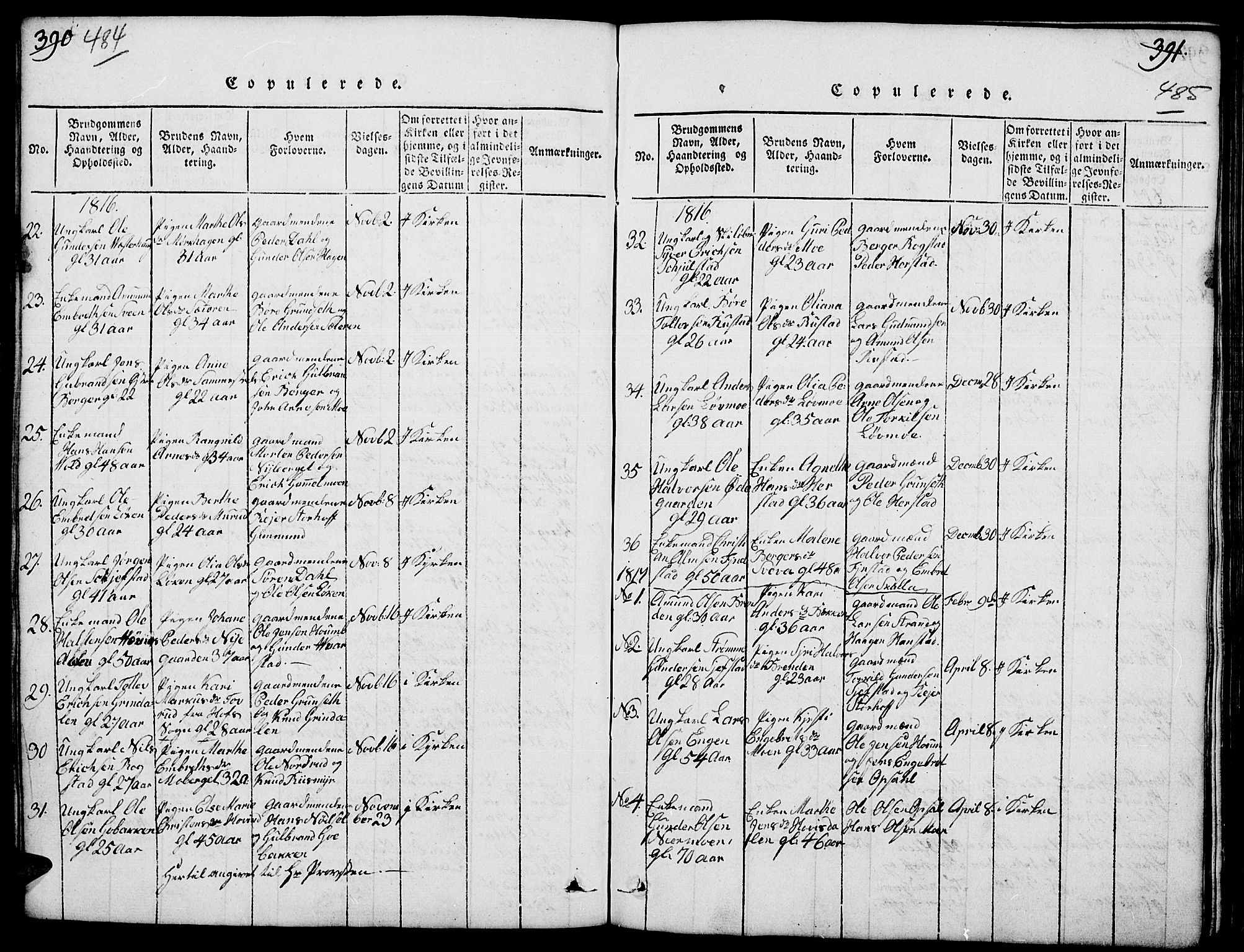 Elverum prestekontor, SAH/PREST-044/H/Ha/Hab/L0001: Parish register (copy) no. 1, 1815-1829, p. 484-485