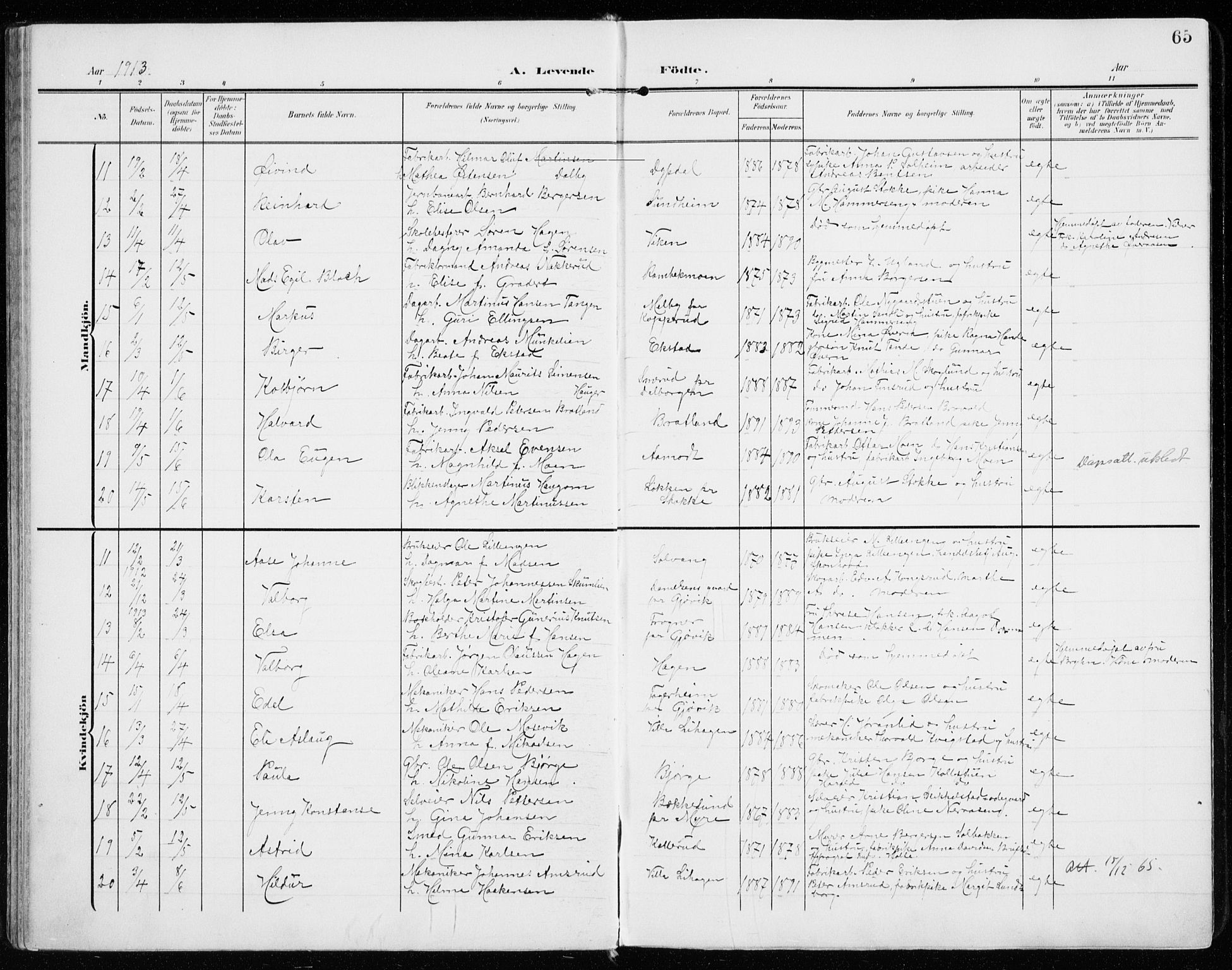 Vardal prestekontor, SAH/PREST-100/H/Ha/Haa/L0016: Parish register (official) no. 16, 1904-1916, p. 65