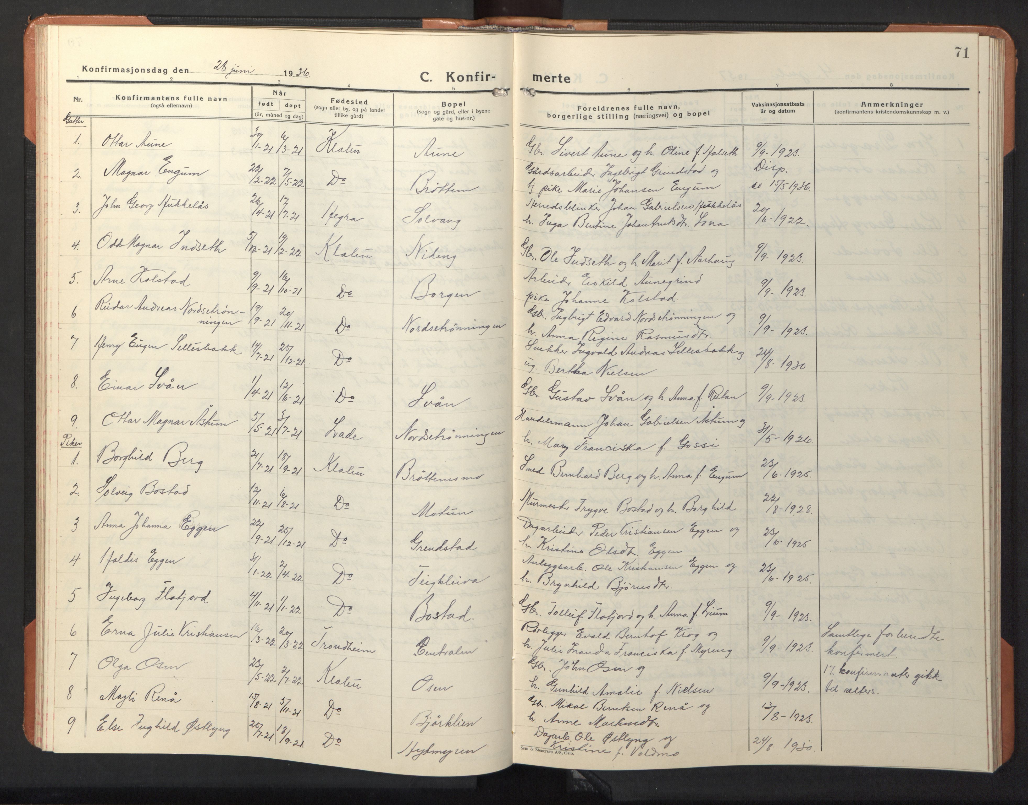 Ministerialprotokoller, klokkerbøker og fødselsregistre - Sør-Trøndelag, SAT/A-1456/618/L0454: Parish register (copy) no. 618C05, 1926-1946, p. 71