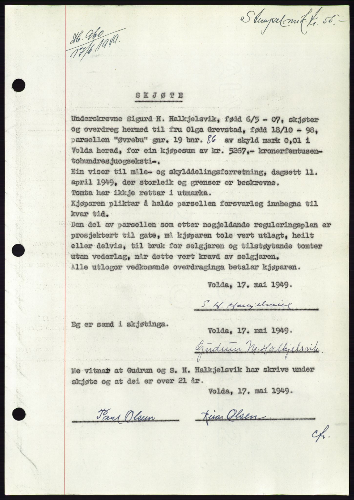 Søre Sunnmøre sorenskriveri, AV/SAT-A-4122/1/2/2C/L0084: Mortgage book no. 10A, 1949-1949, Diary no: : 960/1949