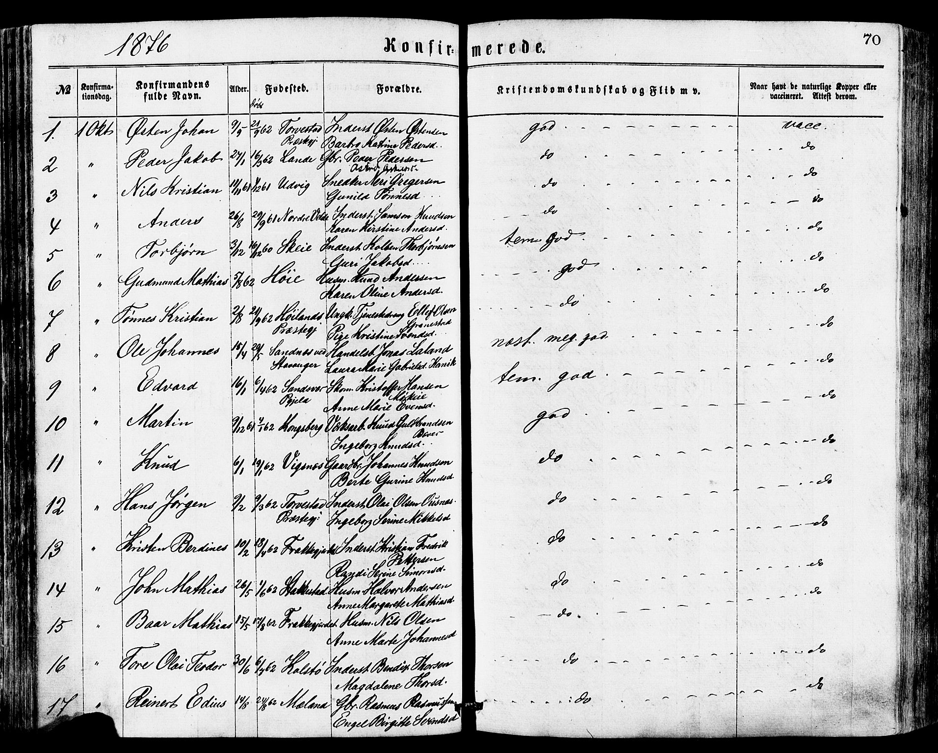 Avaldsnes sokneprestkontor, SAST/A -101851/H/Ha/Haa/L0012: Parish register (official) no. A 12, 1865-1880, p. 70