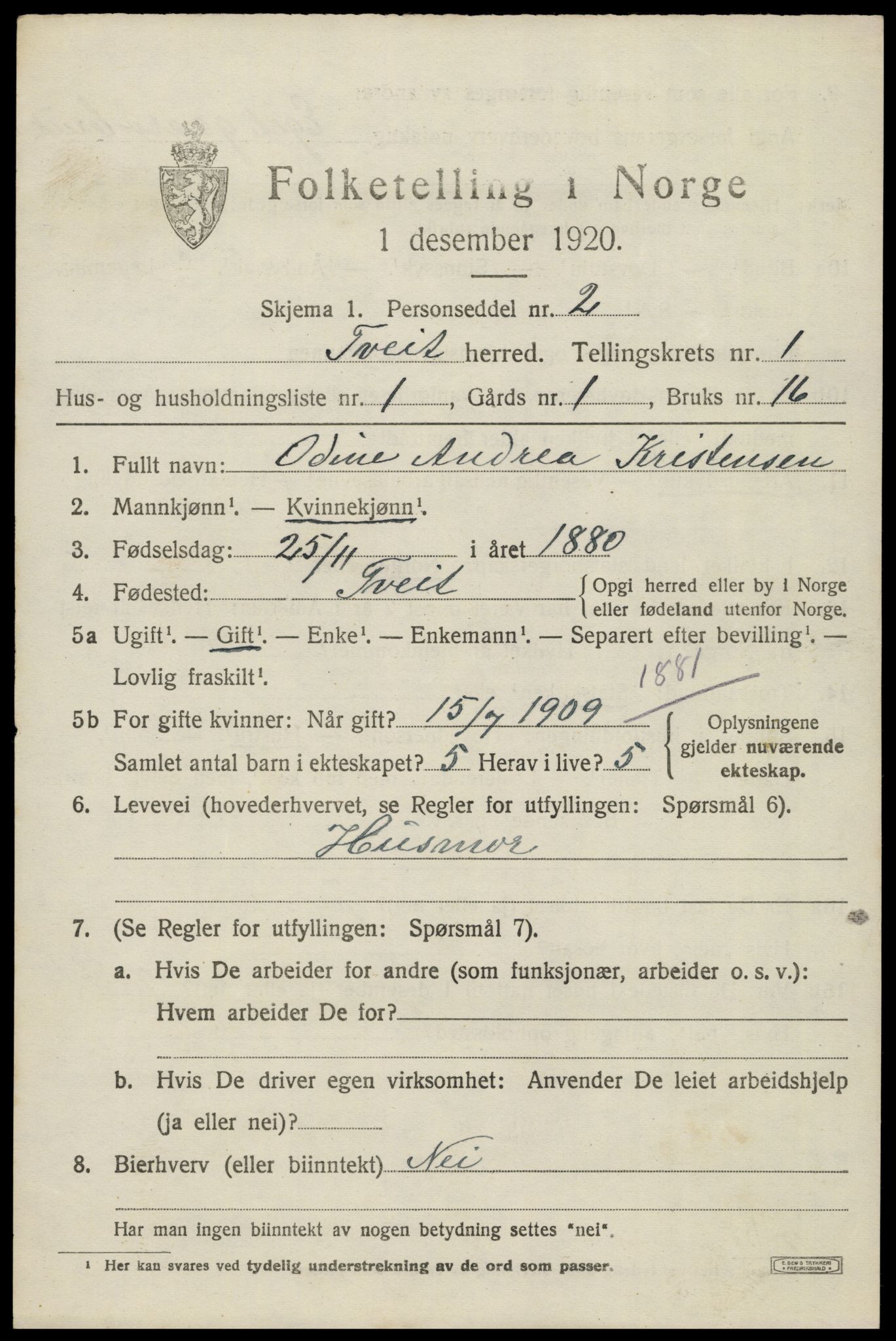 SAK, 1920 census for Tveit, 1920, p. 750