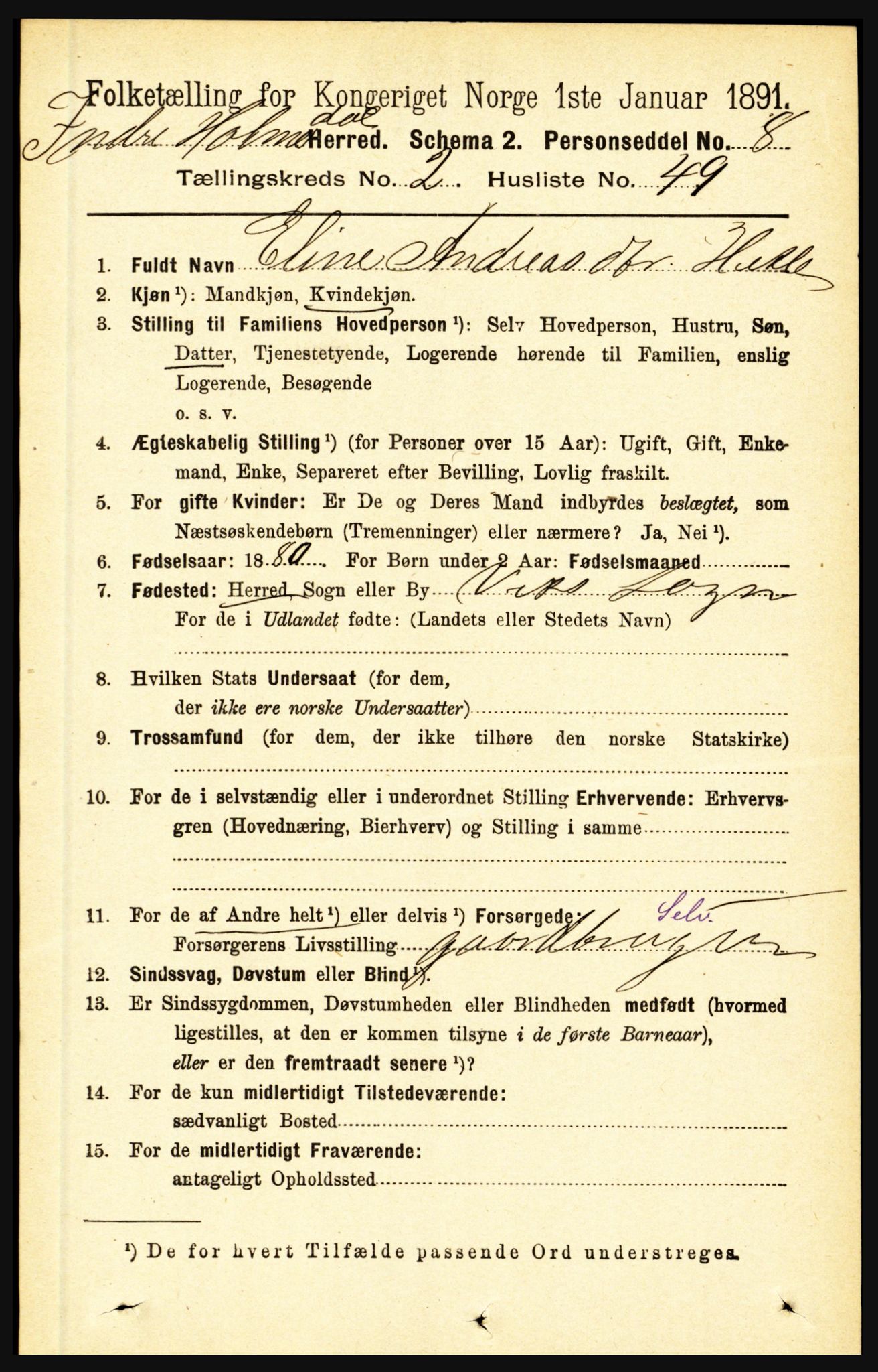 RA, 1891 census for 1430 Indre Holmedal, 1891, p. 810