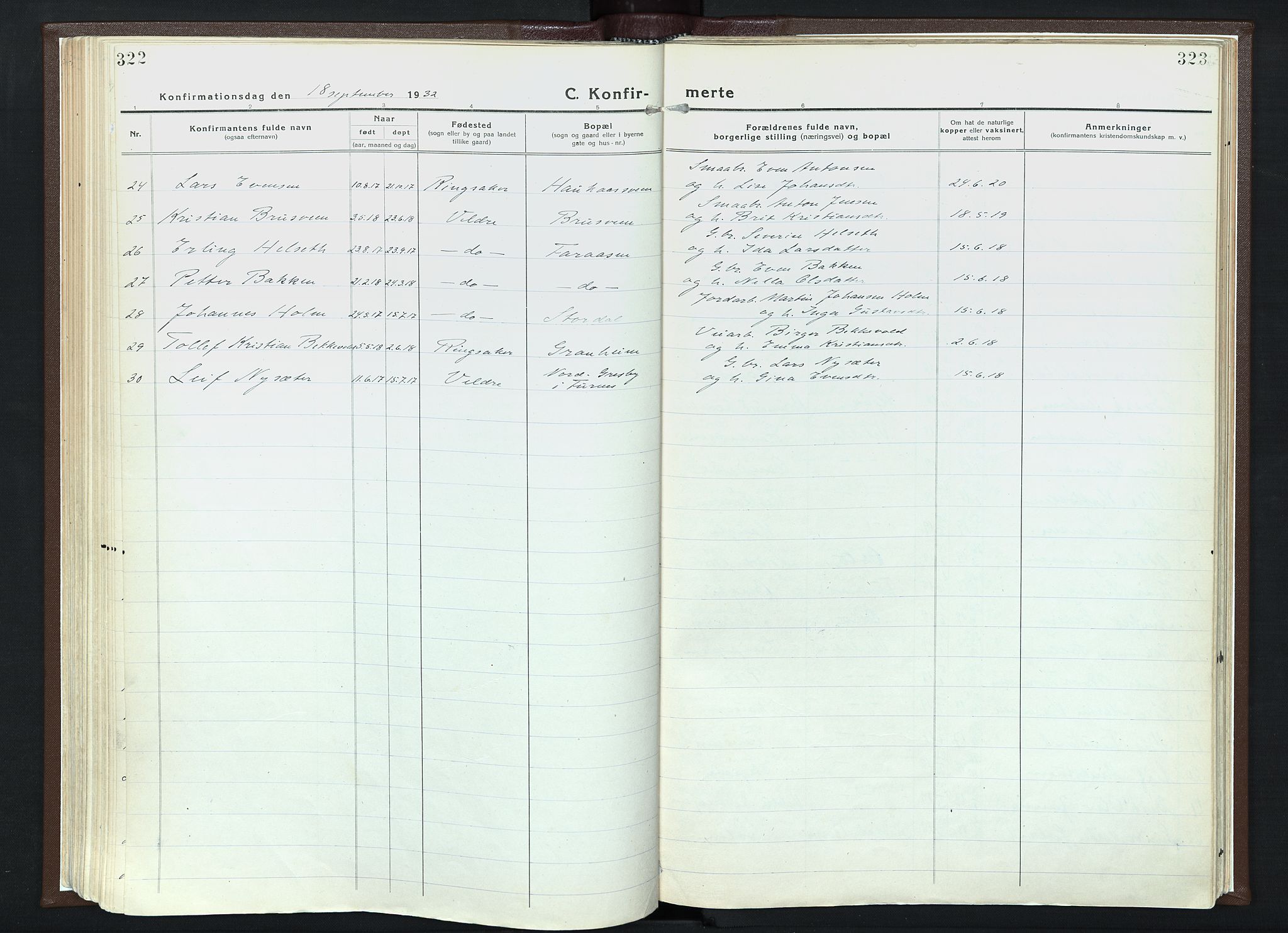 Veldre prestekontor, SAH/PREST-018/K/Ka/L0001: Parish register (official) no. 1, 1921-1934, p. 322-323