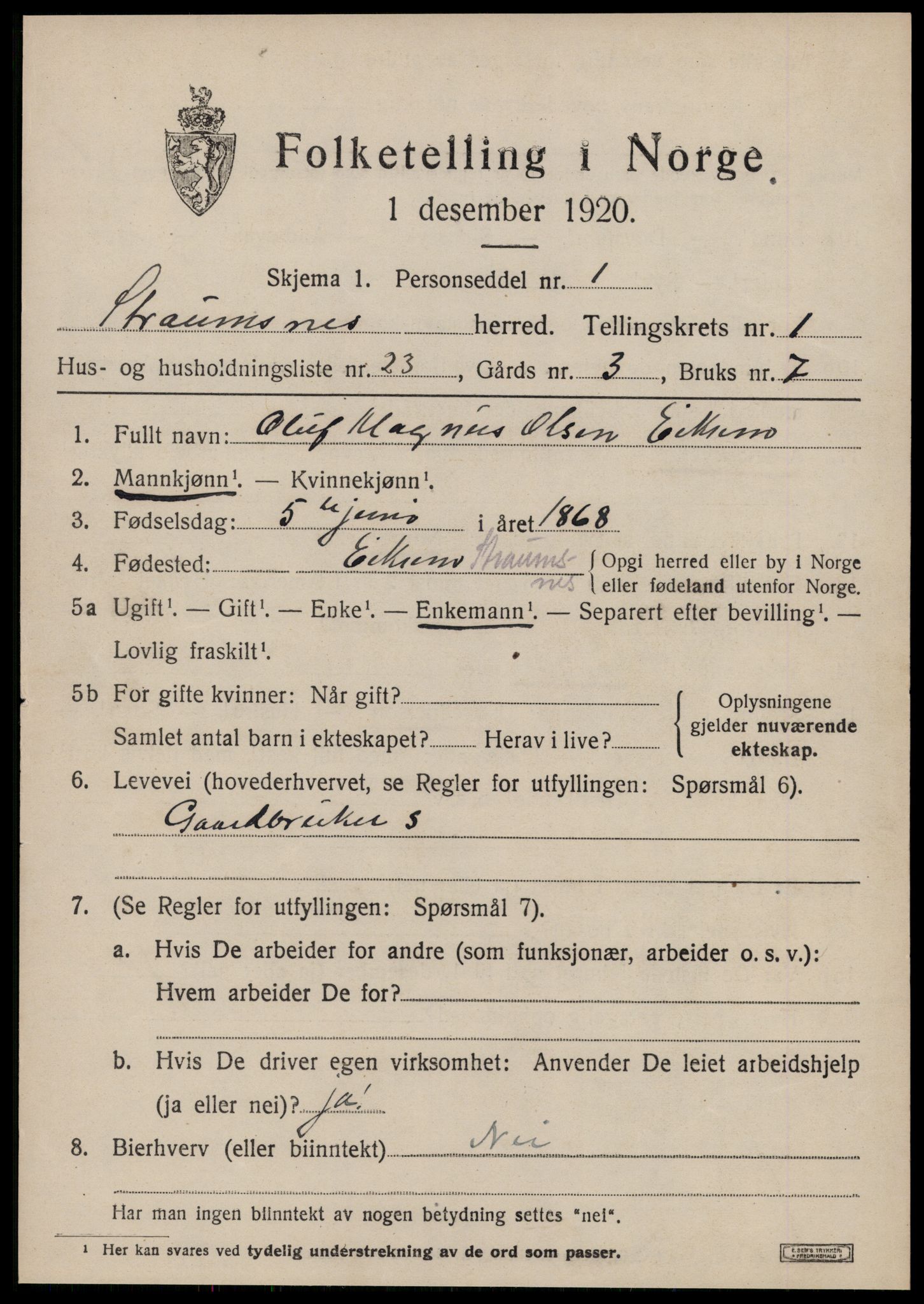 SAT, 1920 census for Straumsnes, 1920, p. 715