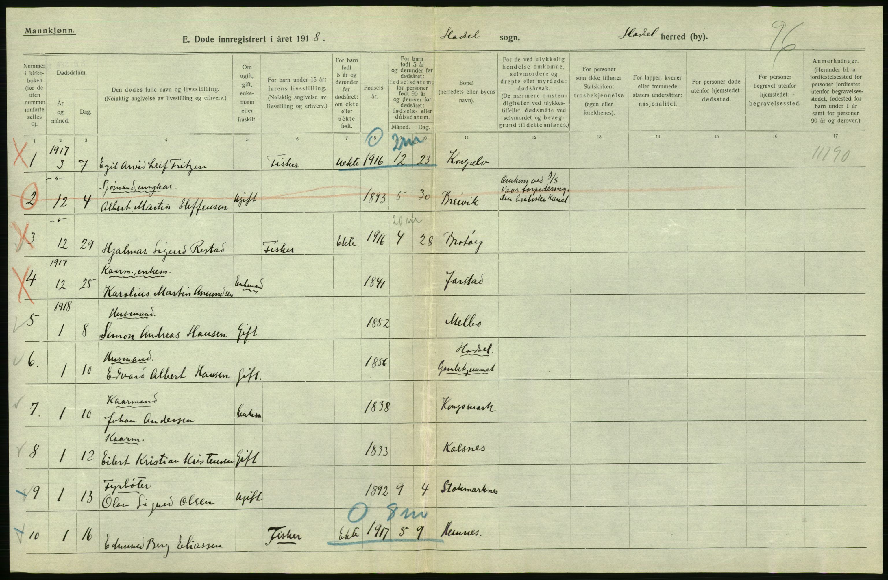 Statistisk sentralbyrå, Sosiodemografiske emner, Befolkning, RA/S-2228/D/Df/Dfb/Dfbh/L0055: Nordland fylke: Døde. Bygder og byer., 1918, p. 444