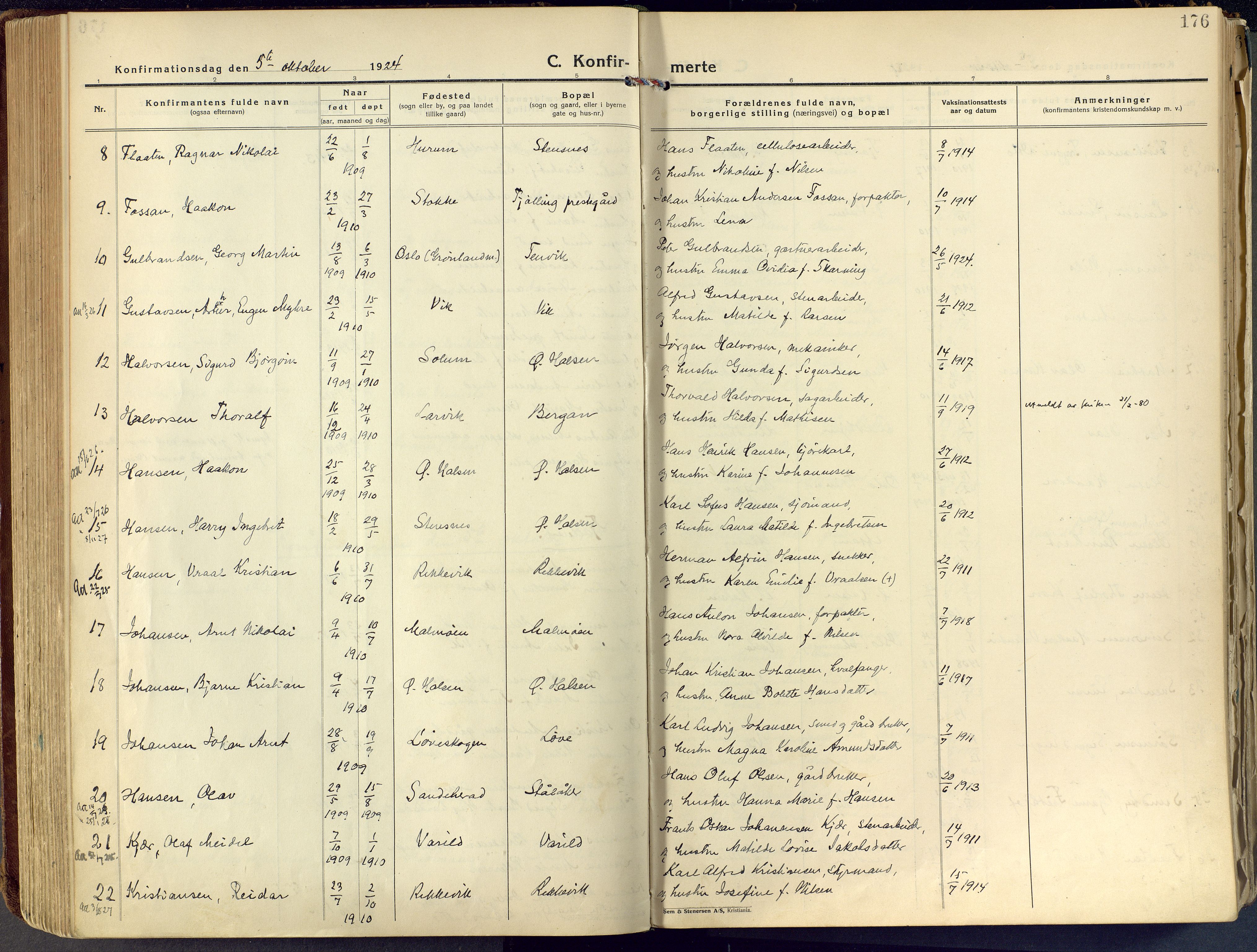 Tjølling kirkebøker, SAKO/A-60/F/Fa/L0011: Parish register (official) no. 11, 1924-1943, p. 176